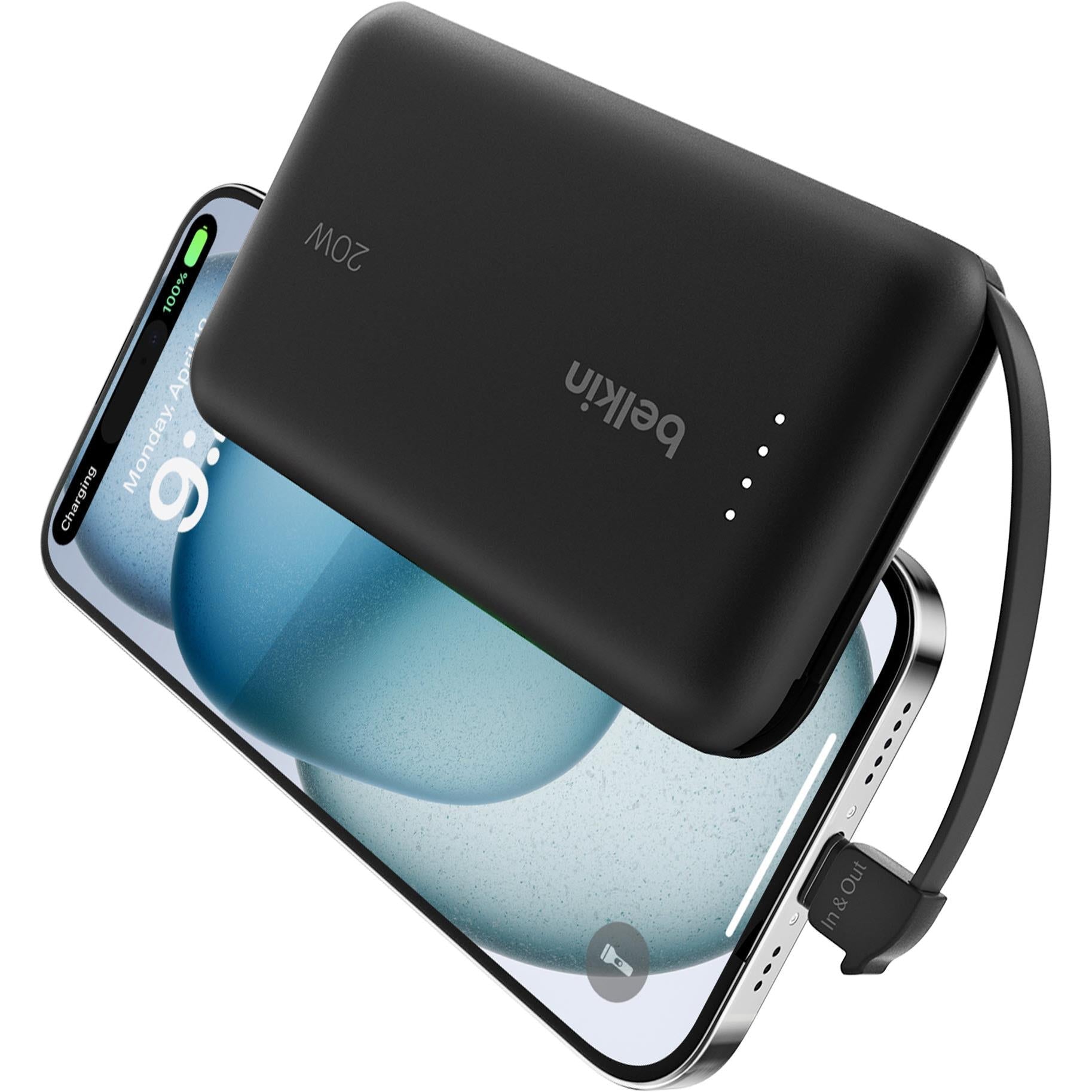 Belkin BoostCharge 10K power bank with integrated USB-C cable in black, image 2 - Power Banks at Tech Supply Shed NZ