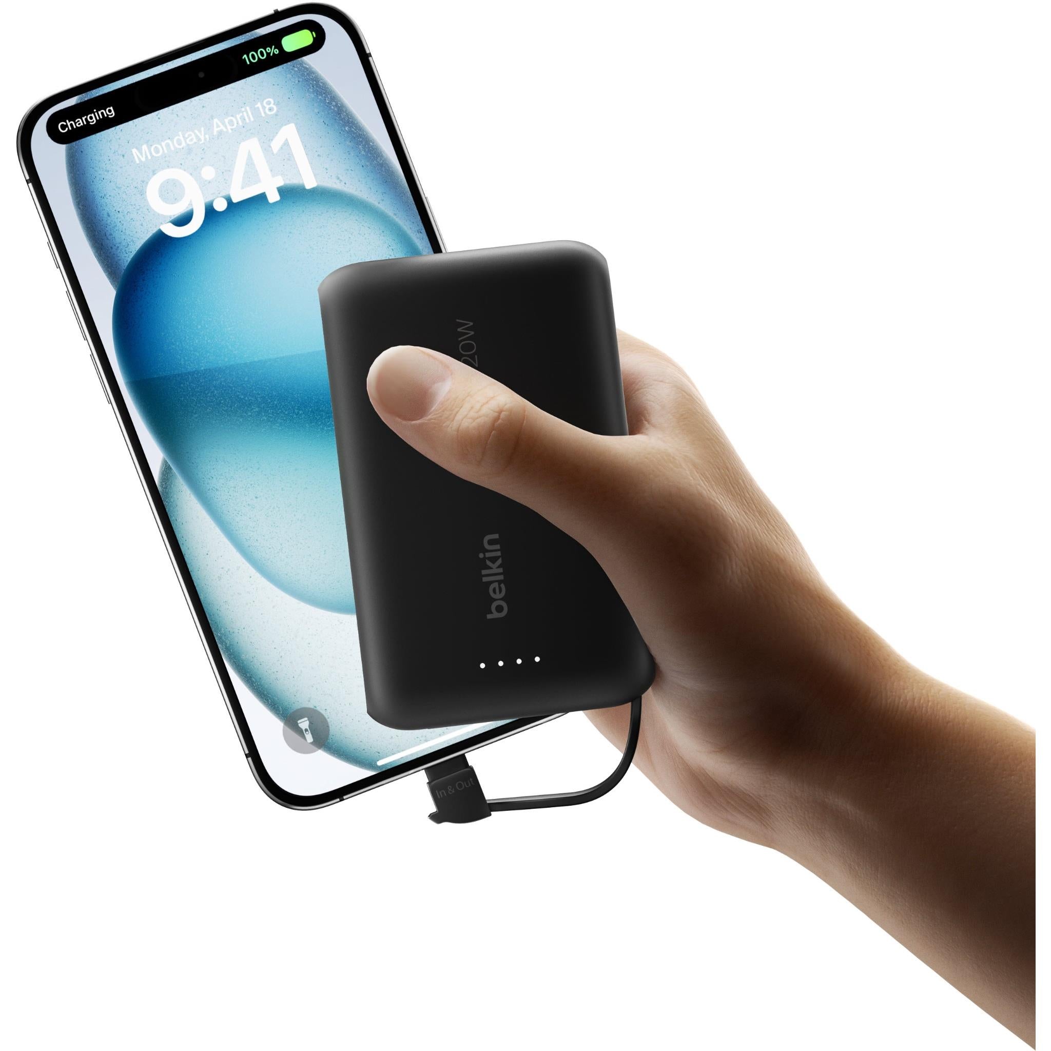 Belkin BoostCharge 10K power bank with integrated USB-C cable in black, image 4 - Power Banks at Tech Supply Shed NZ