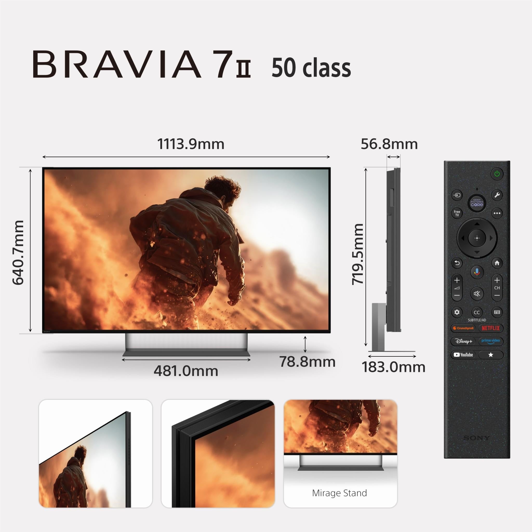 BRAVIA 7 II 50 class TV dimensions diagram with remote control