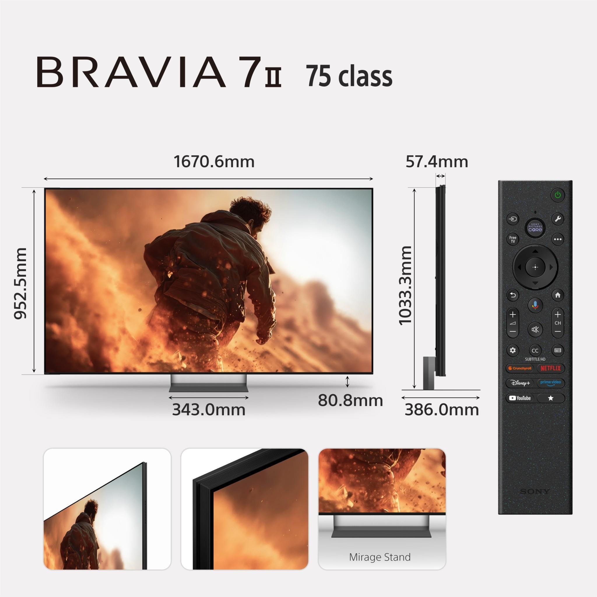 BRAVIA 7 TV size diagram with remote control shown at right