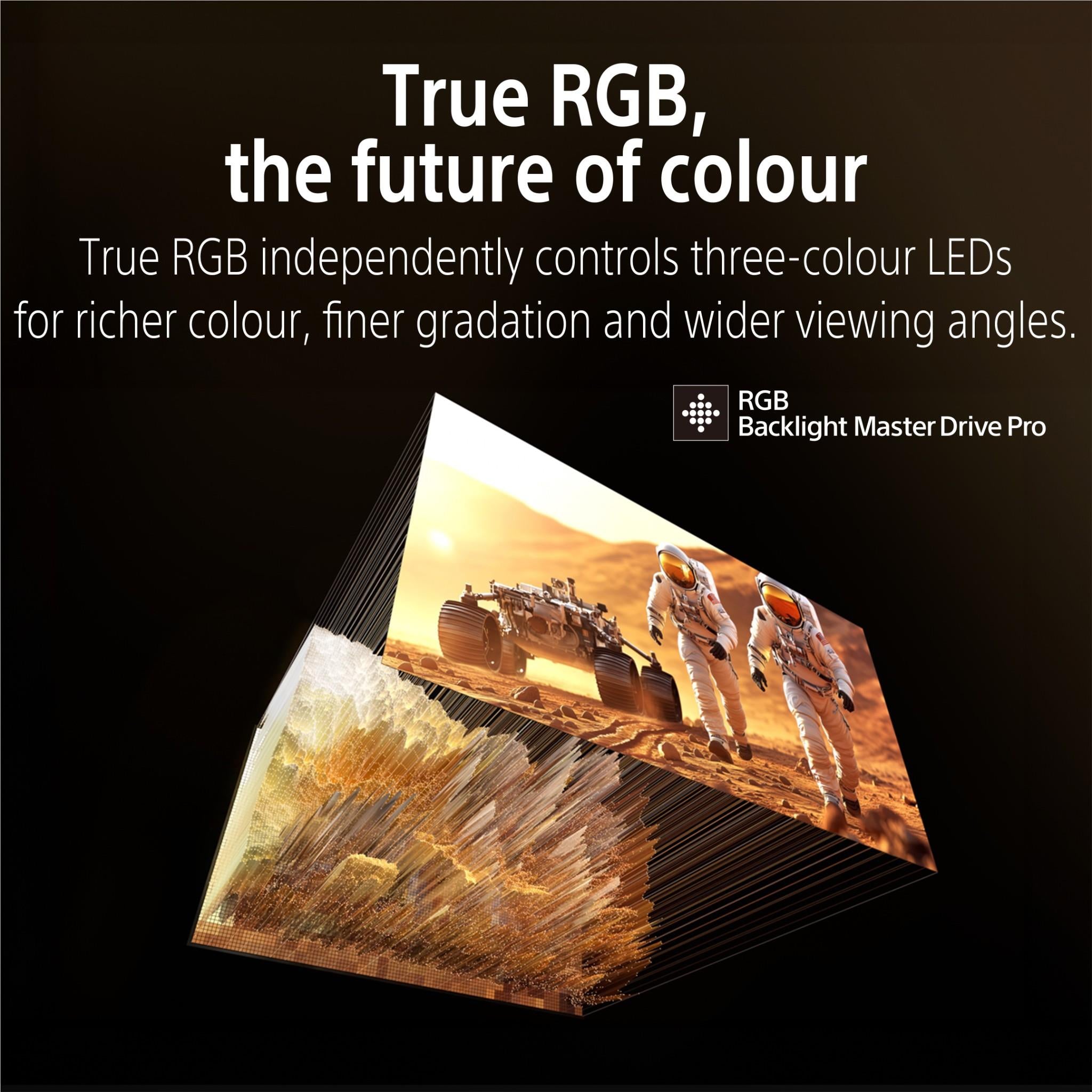 True RGB color feature graphic with angled LED light panels and play image preview