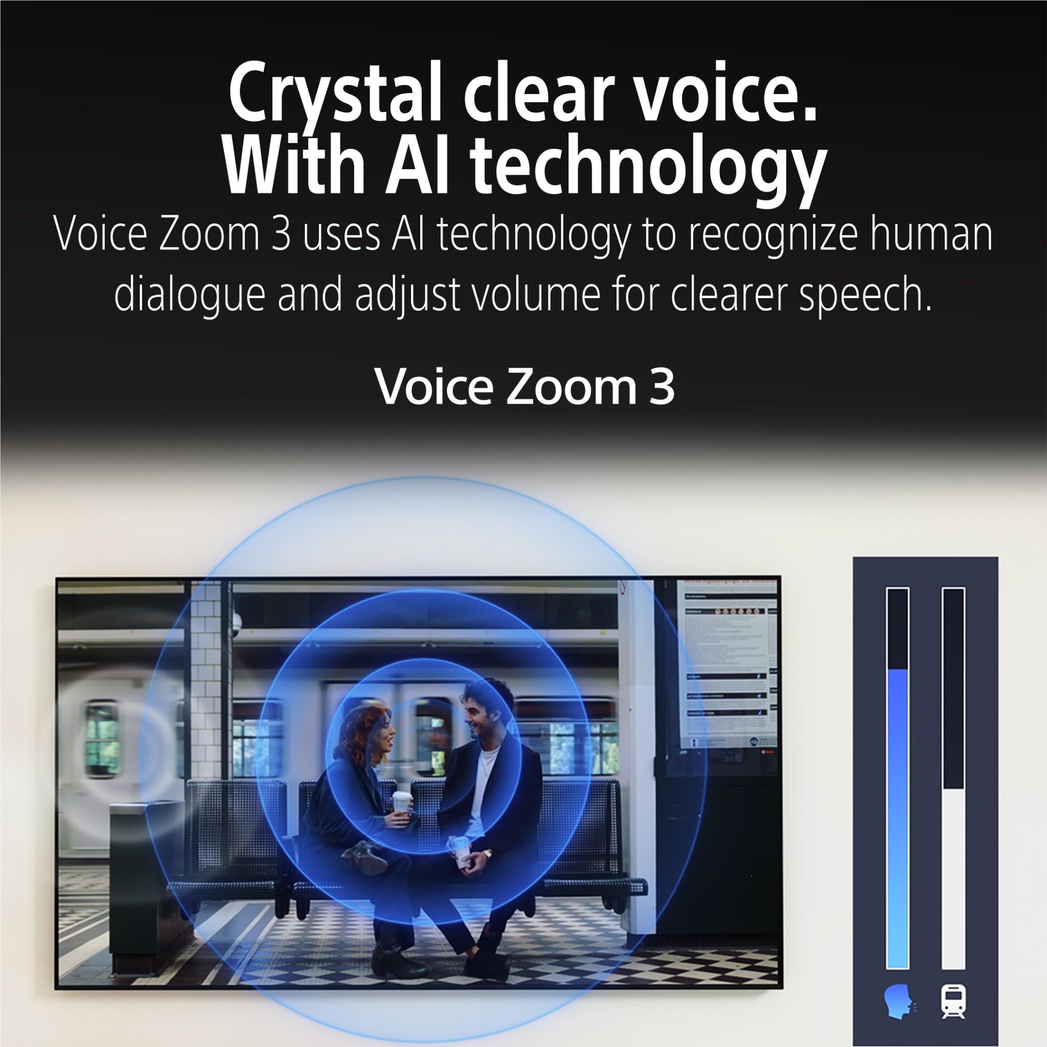 AI voice feature graphic with person image, speaker waveform, and TV UI controls