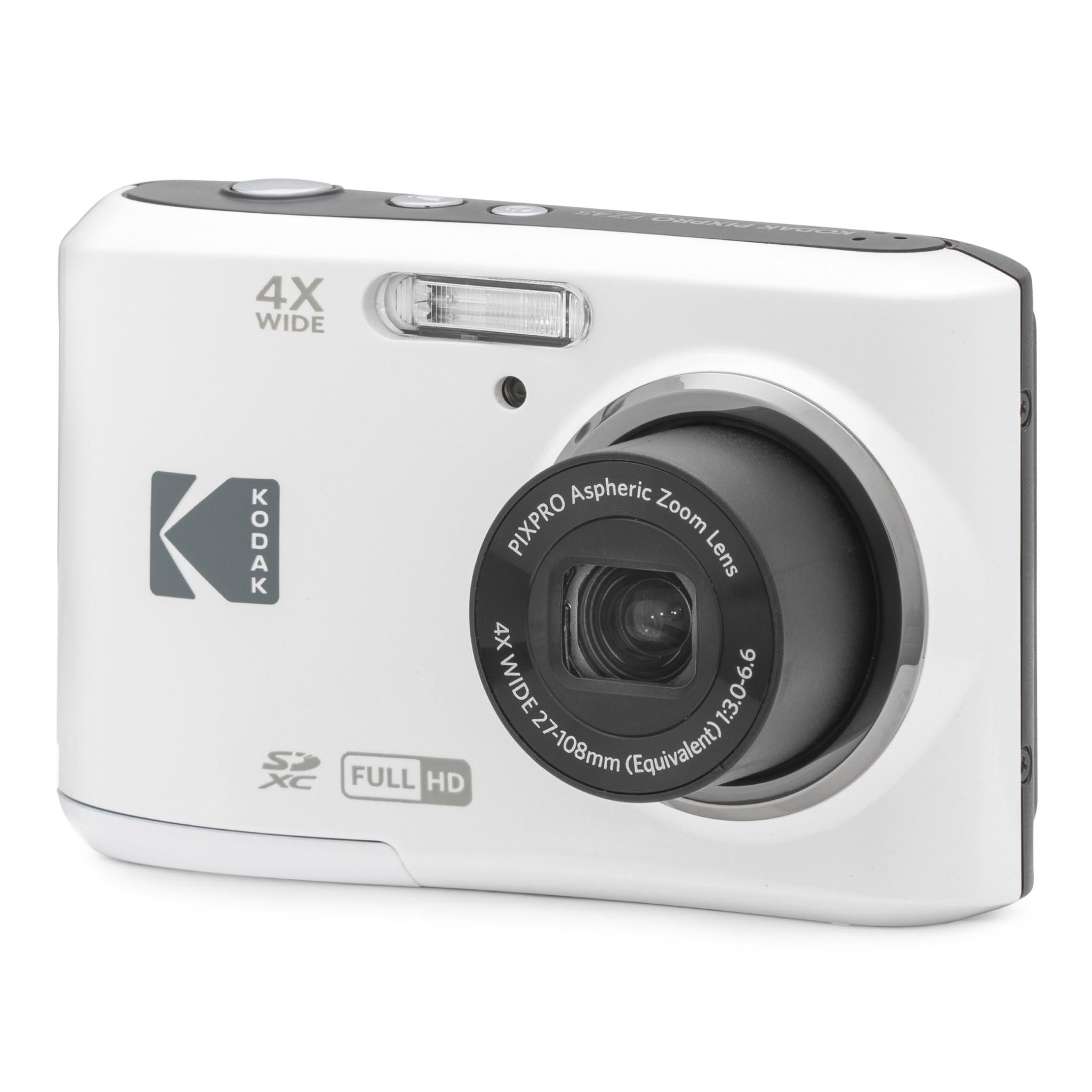 White compact digital camera with front lens and built-in flash