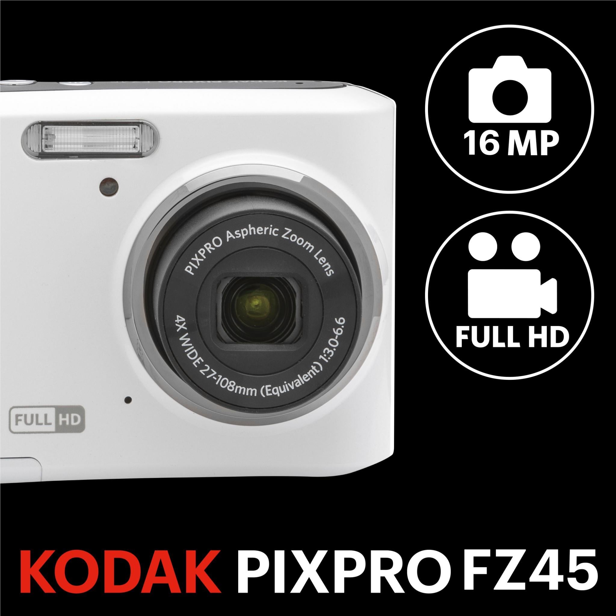 Front close-up of white compact digital camera with lens and flash window