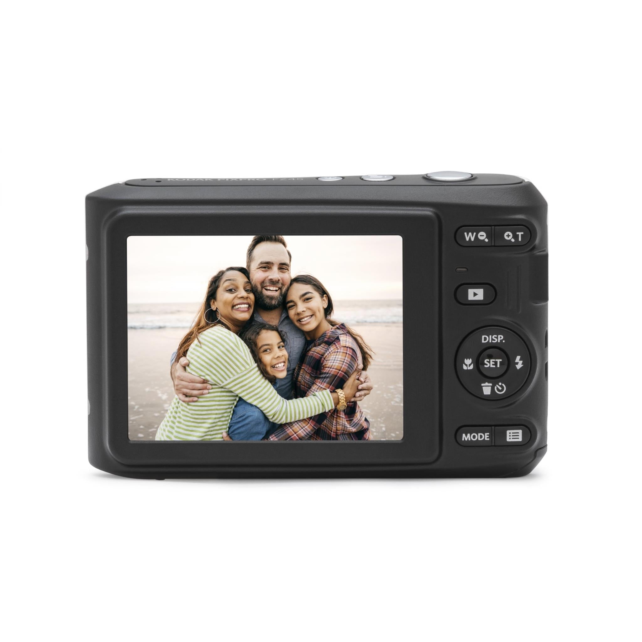 Black Kodak PIXPRO FZ45 compact digital camera with LCD showing group portrait