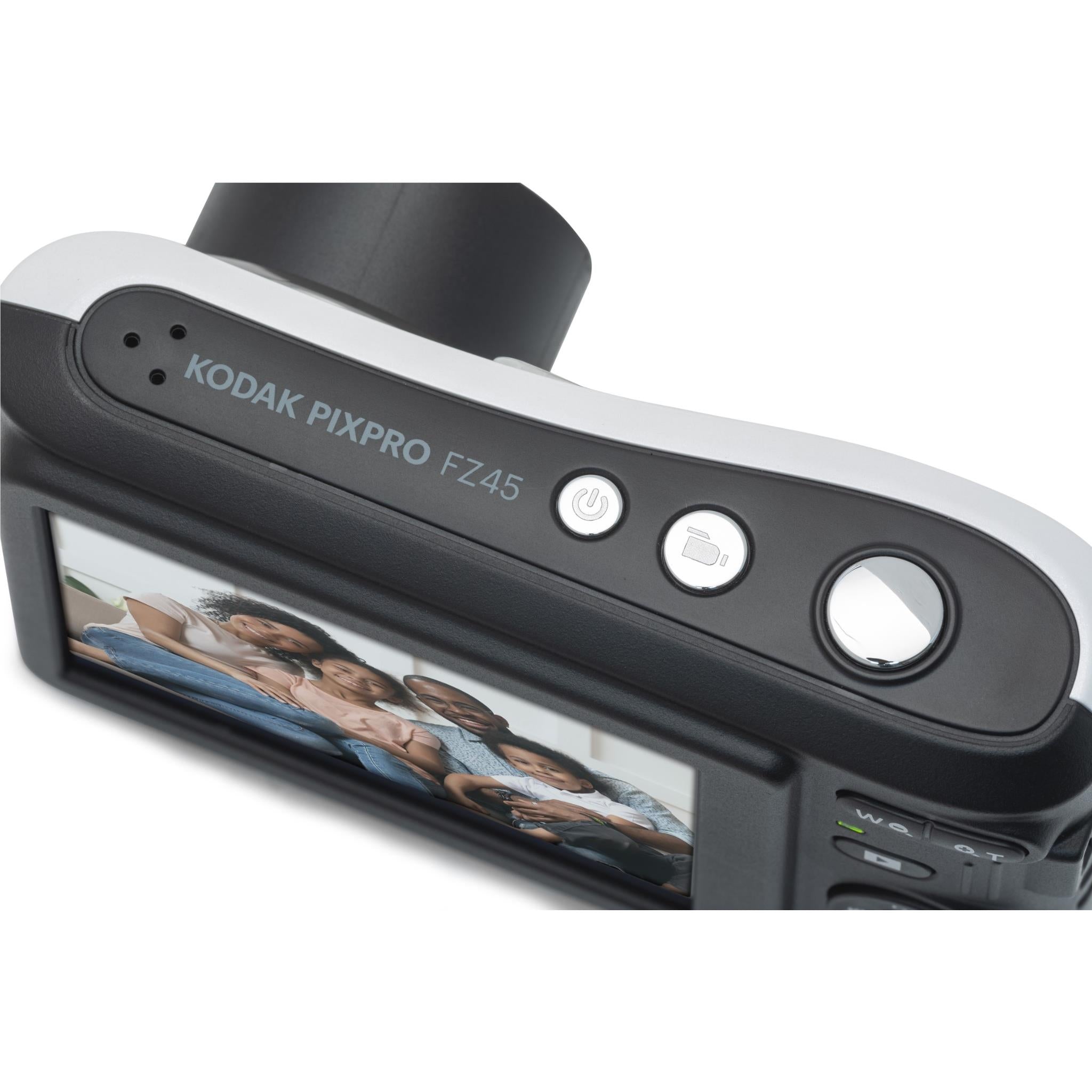 Black and white Kodak PIXPRO FZ45 compact digital camera with side control buttons