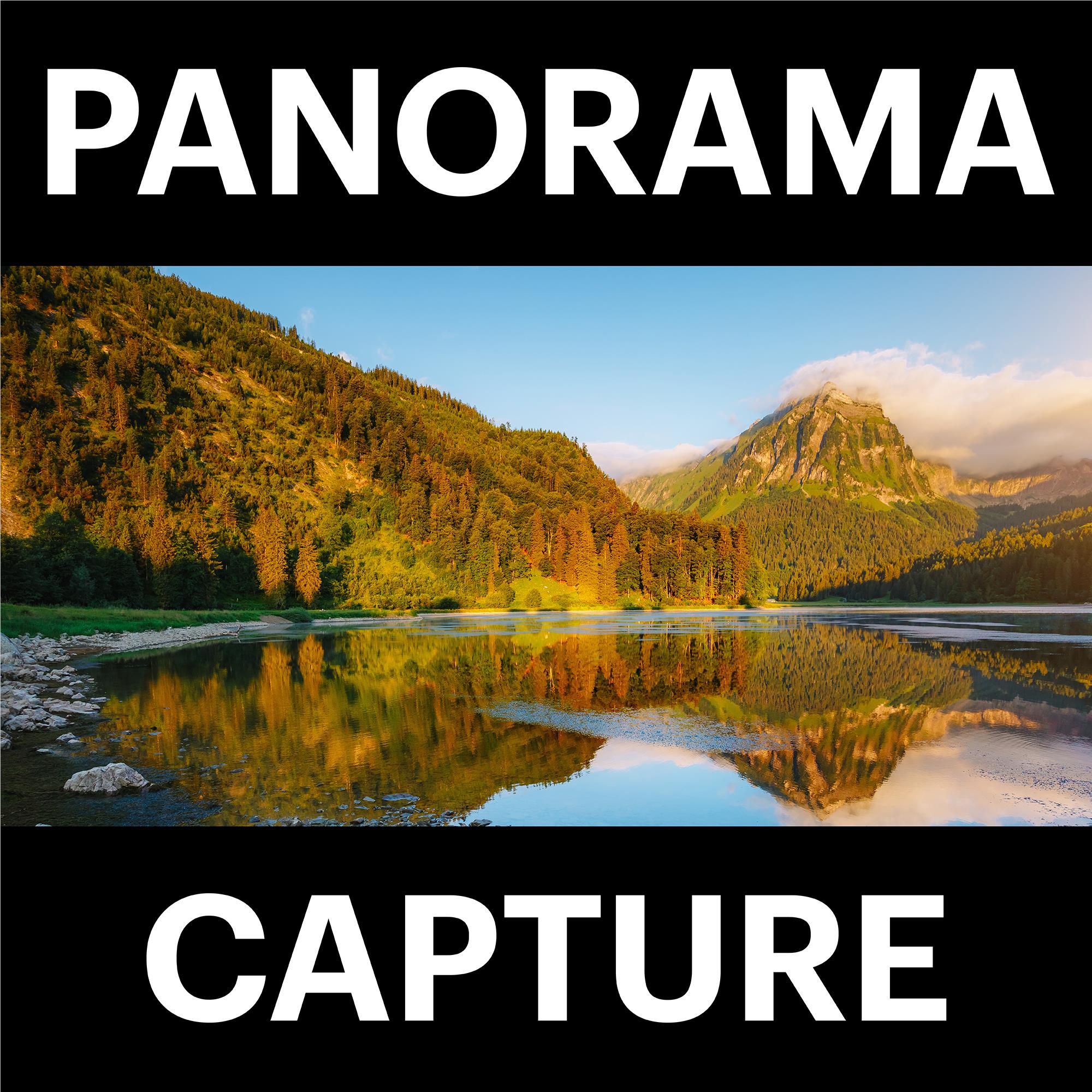 Panorama capture sample with mountain landscape and lake reflection