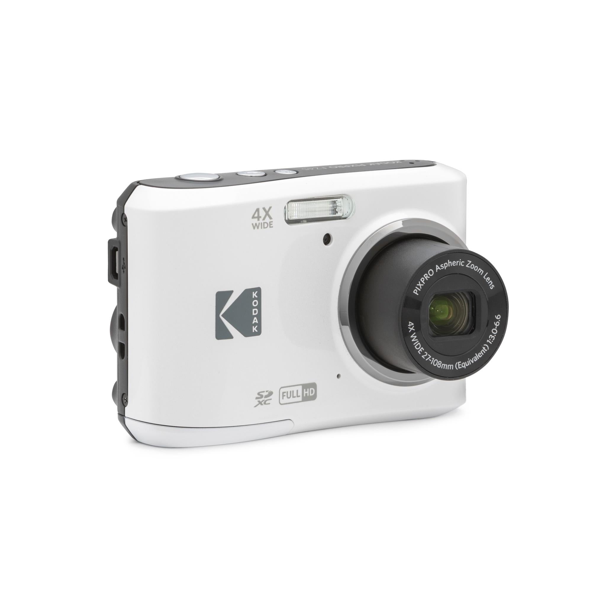 White compact digital camera front and lens in a three-quarter view