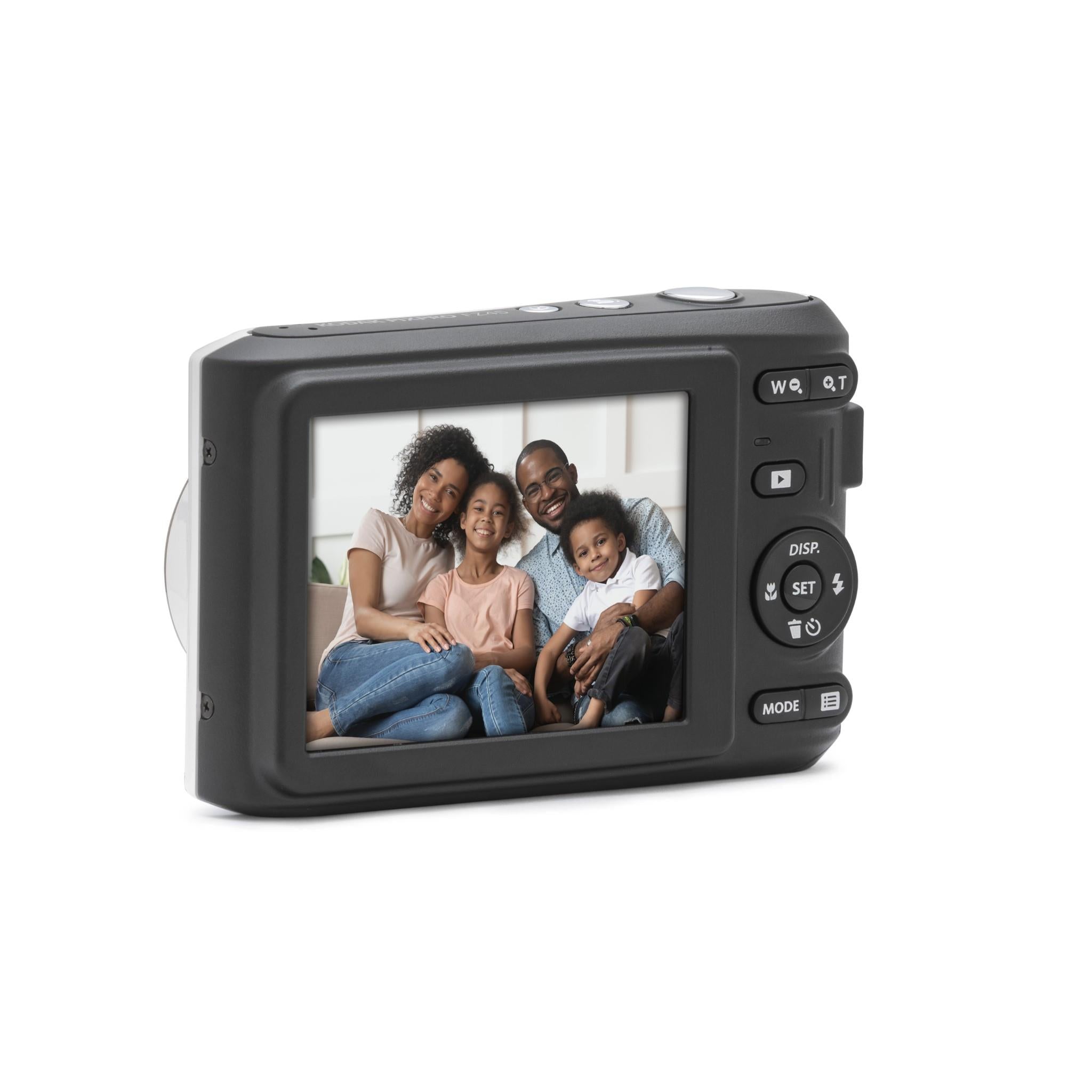 Rear view of white compact digital camera with LCD showing a family group