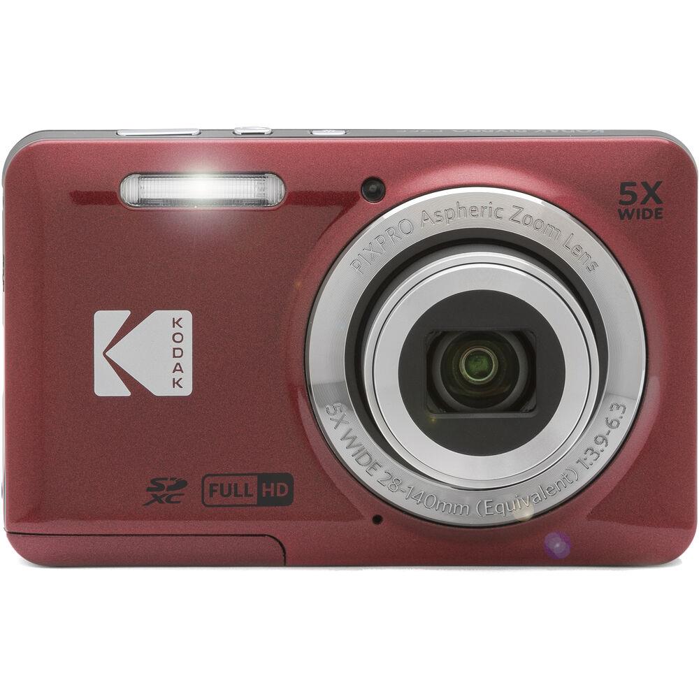 Red Kodak compact digital camera with lens and built-in flash window