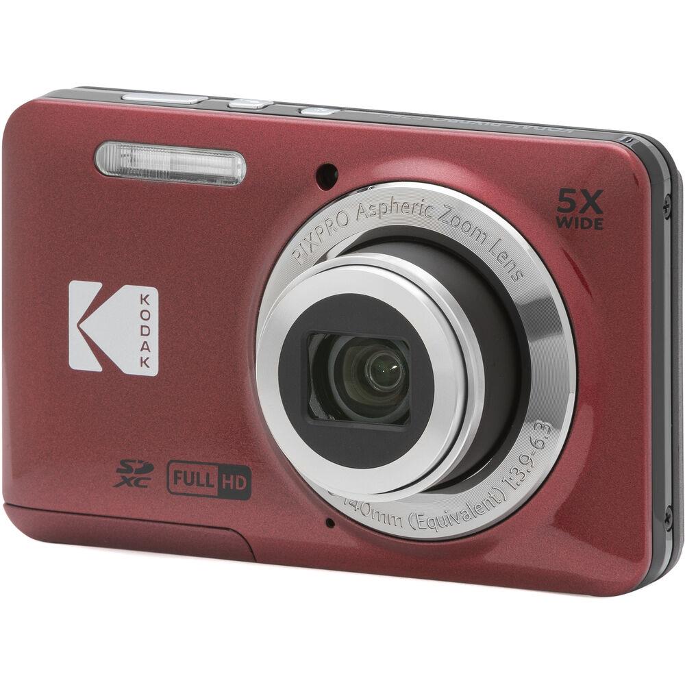 Red Kodak compact digital camera front with lens, “5X WIDE” marking, and flash