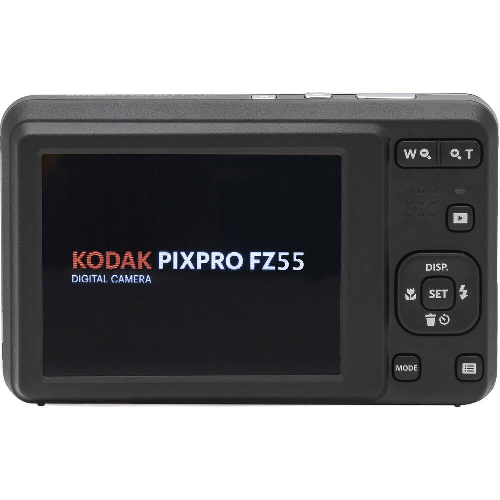 Black Kodak compact digital camera back with LCD screen and “KODAK PIXPRO FZ55” text