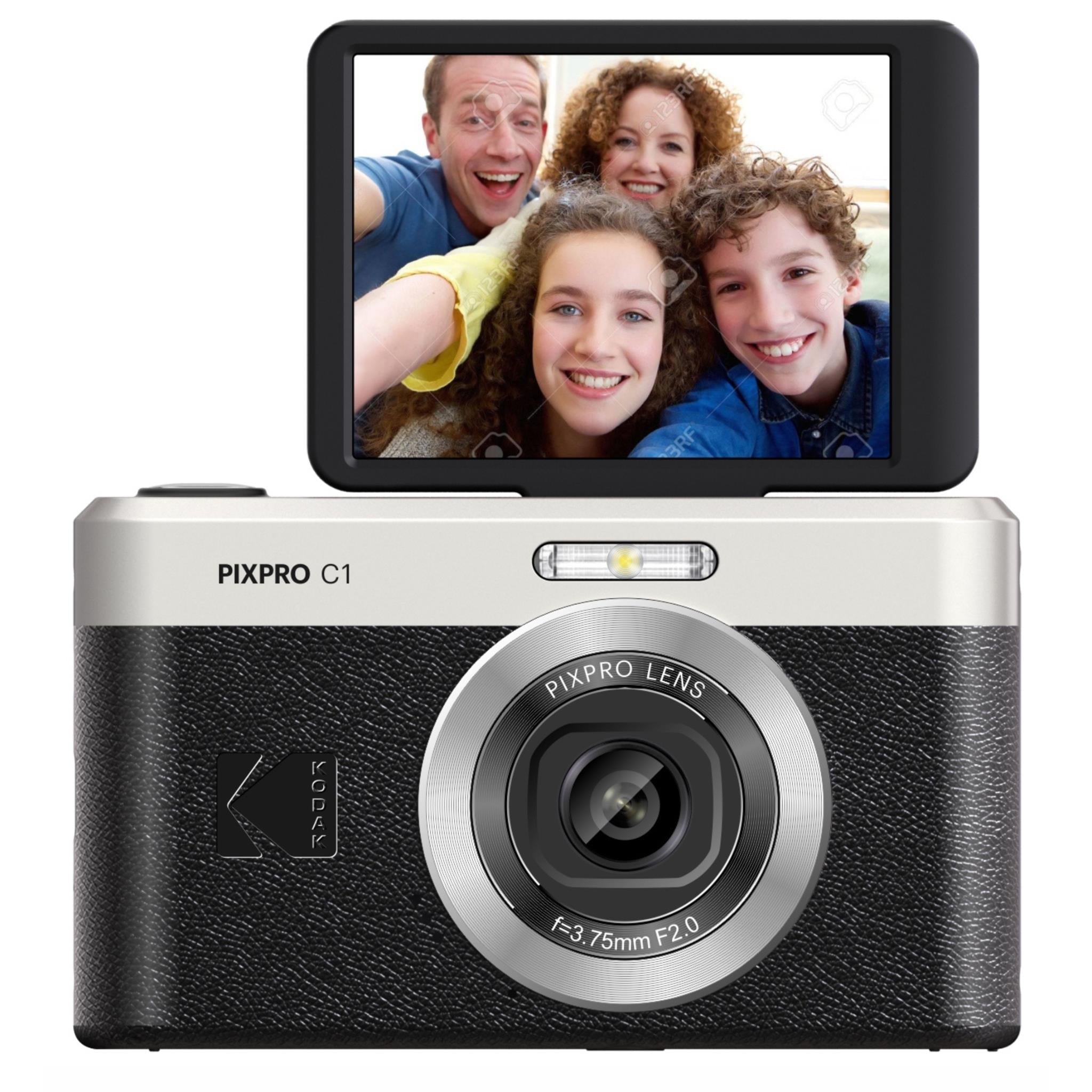 Kodak PIXPRO C1 retro digital camera with flip-up screen and front lens, black