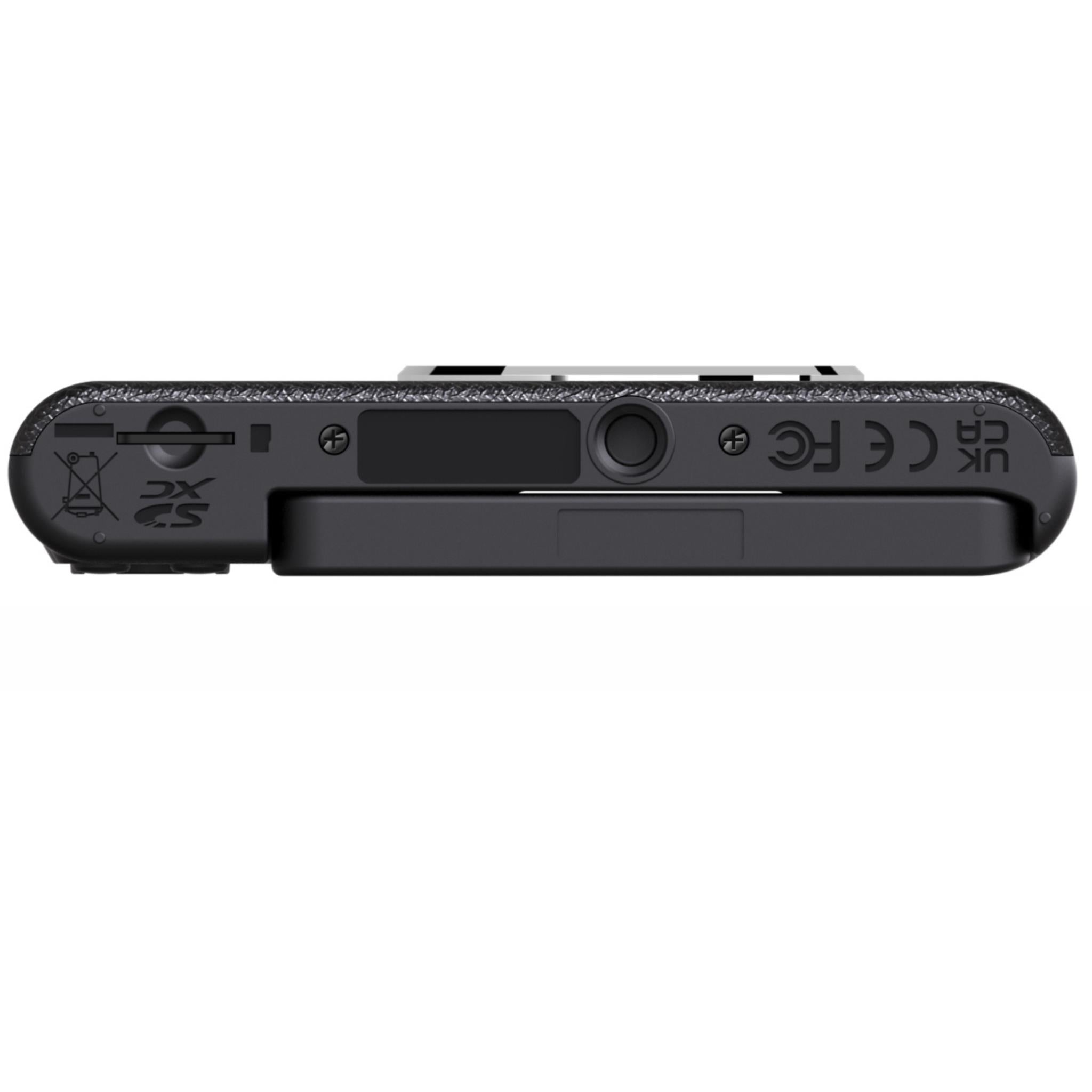 Kodak PIXPRO C1 retro digital camera top side with control area and ports, black