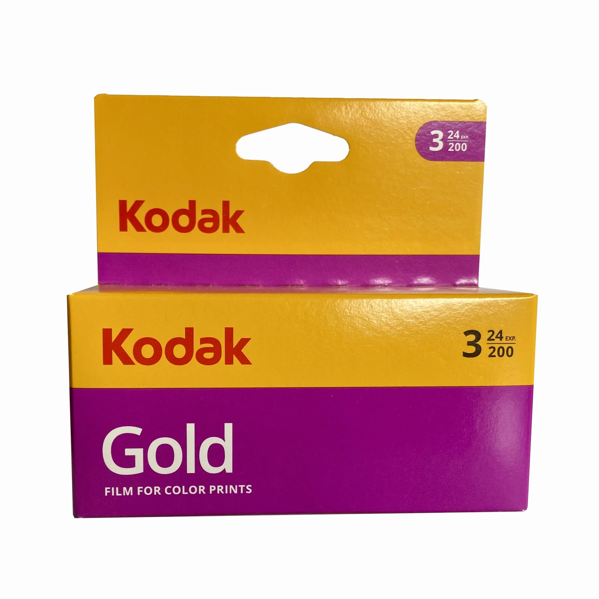35mm color negative film box, Kodak Gold 200, purple/yellow, 3-pack
