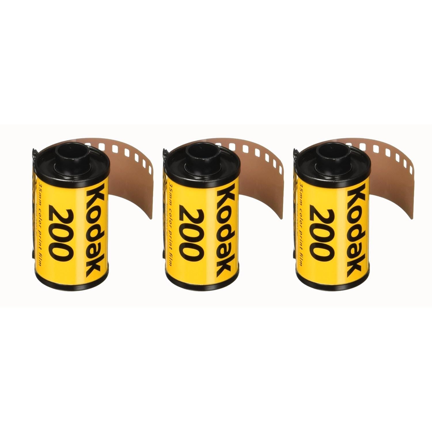 Three Kodak 200 film canisters, yellow labels on black reels