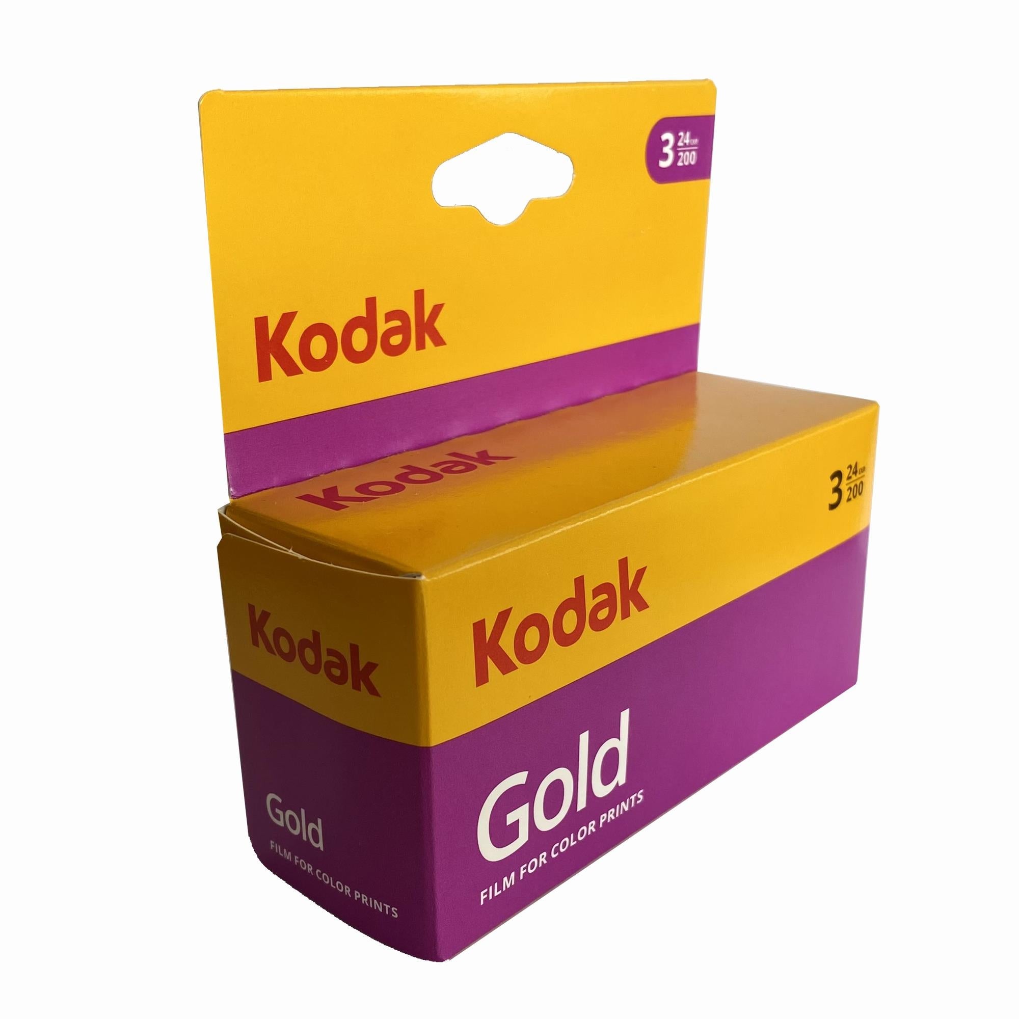 Kodak Gold 200 3-pack film boxes, yellow tops with purple sides