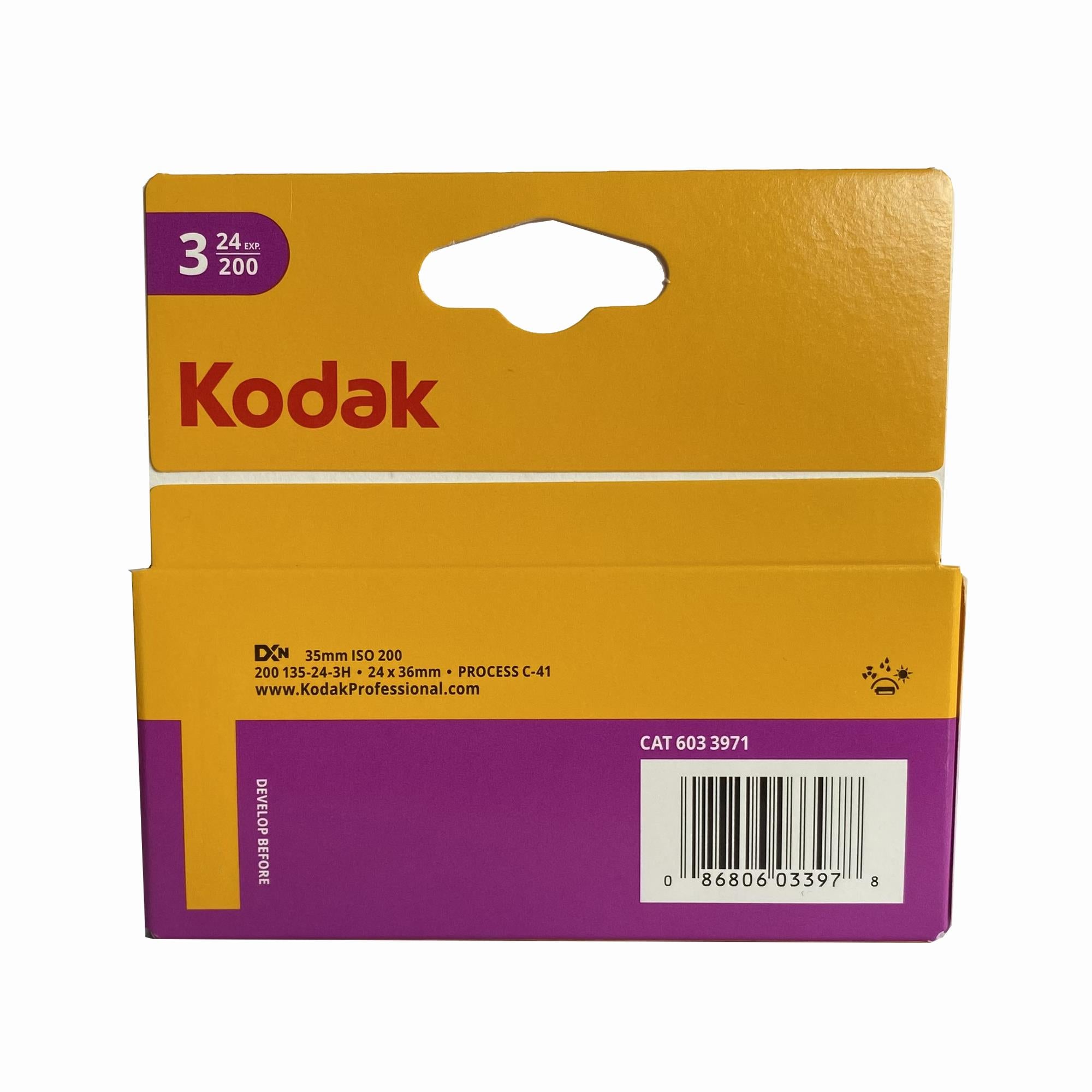 Back of Kodak Gold 200 35mm film box with barcode and processing details