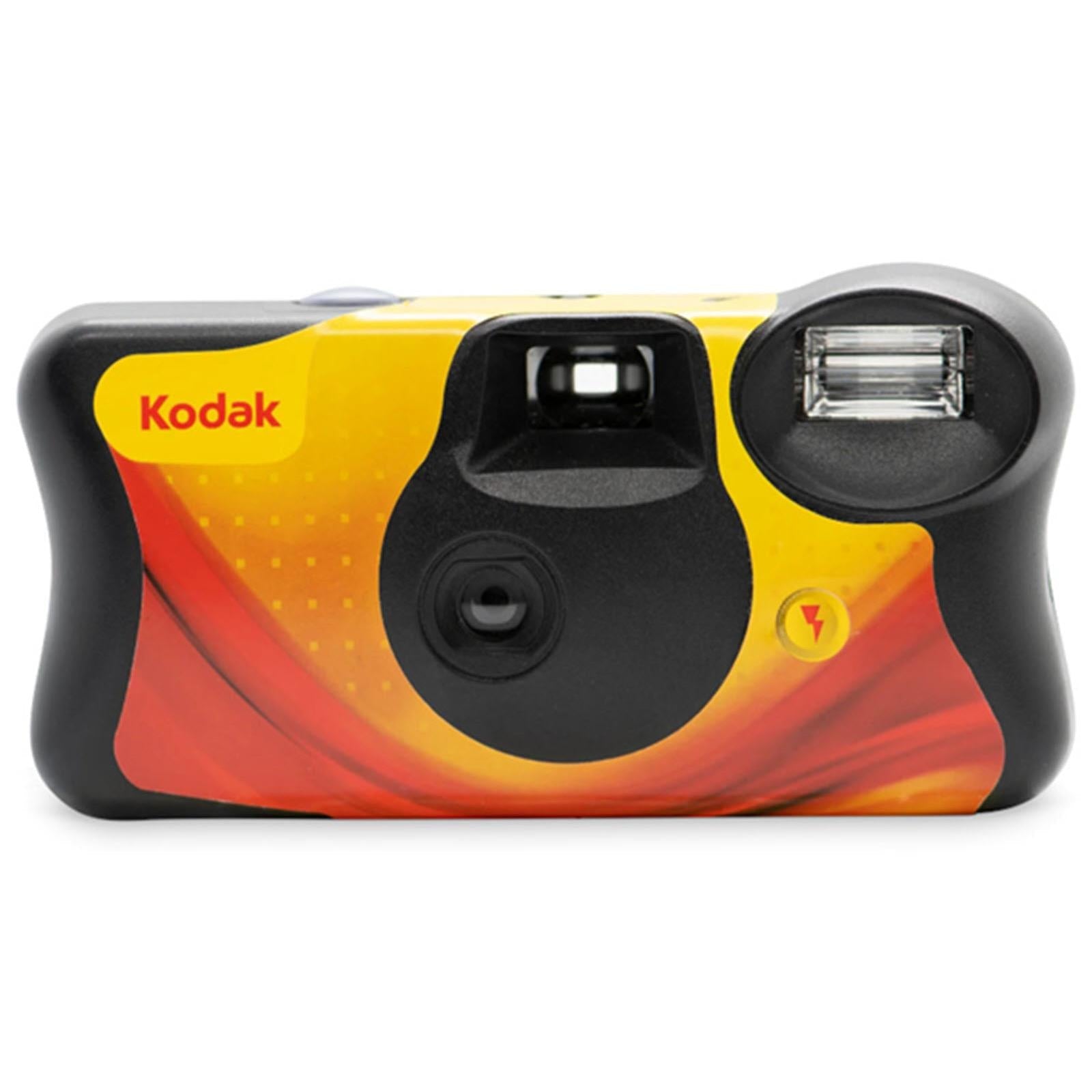 Gold and red single-use 35mm disposable camera with built-in flash and lens