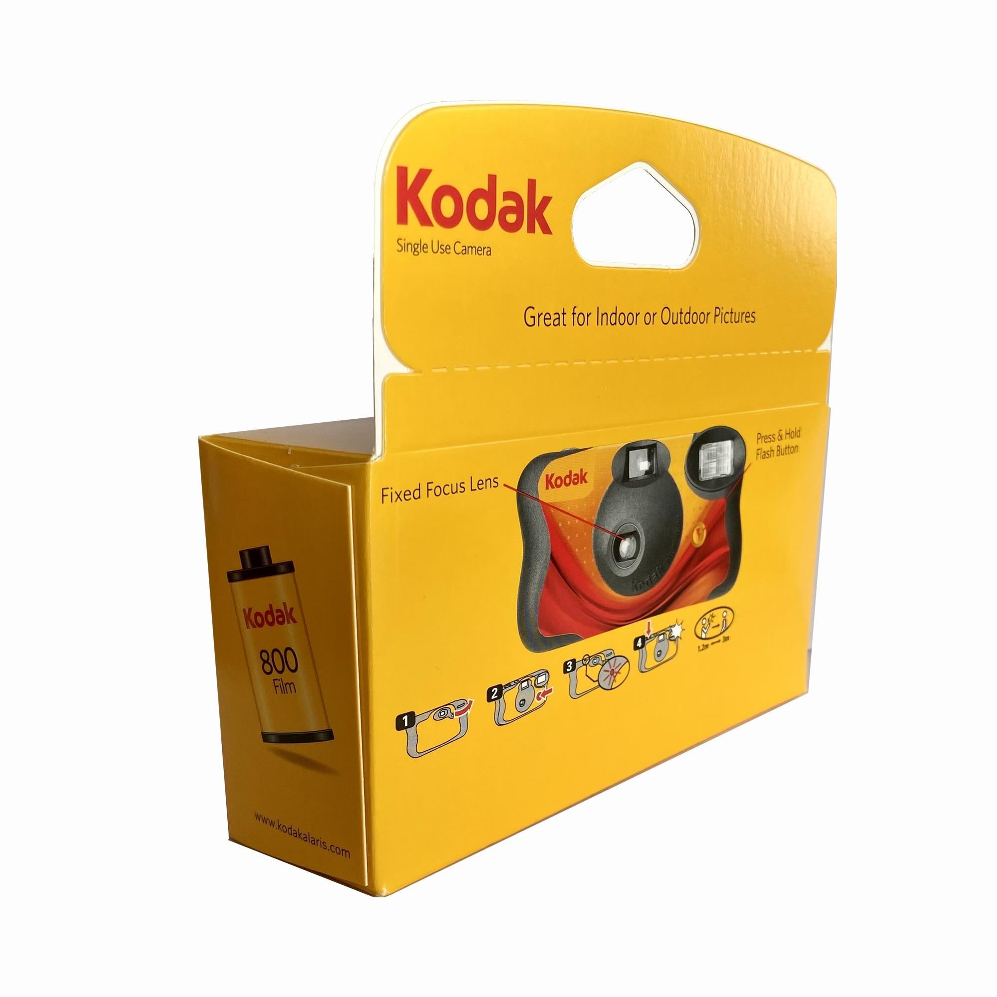 Kodak single-use camera box showing fixed focus lens and 800 film