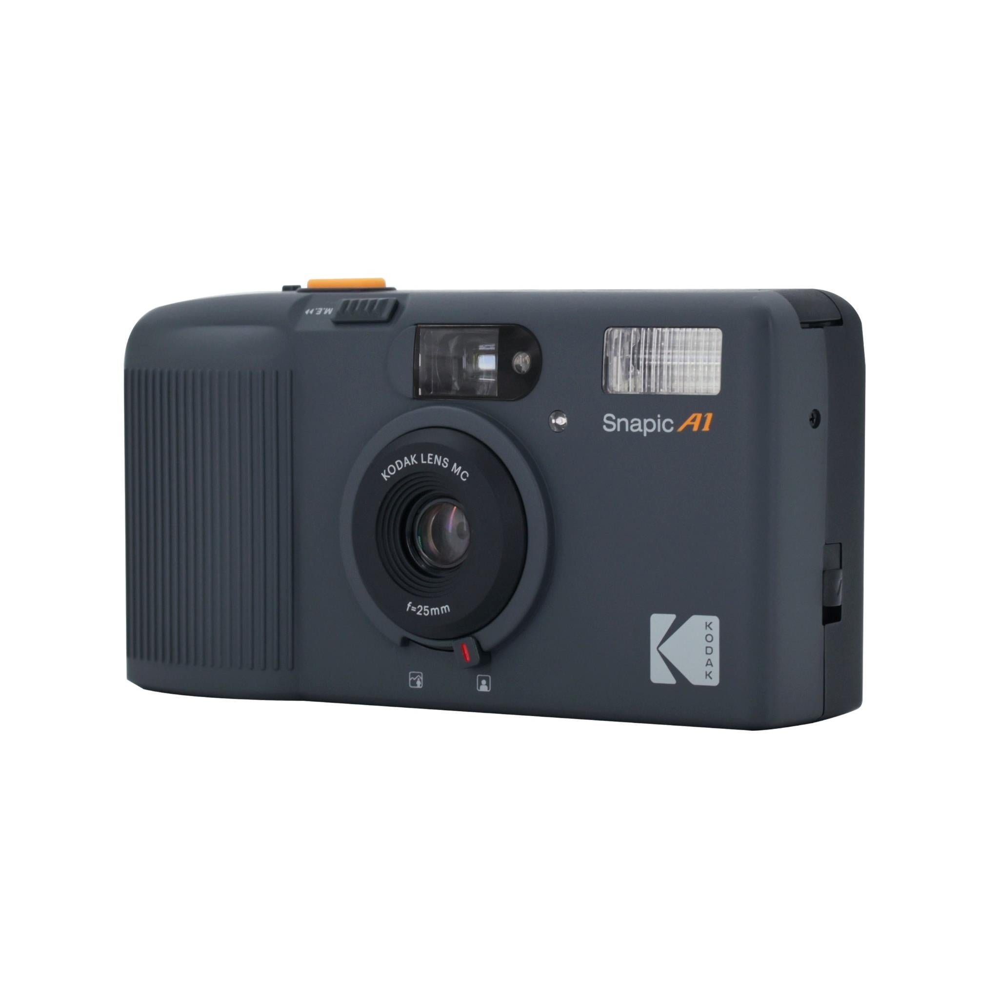 Kodak Snapic A1 compact 35mm film camera, dark gray body, front lens and flash