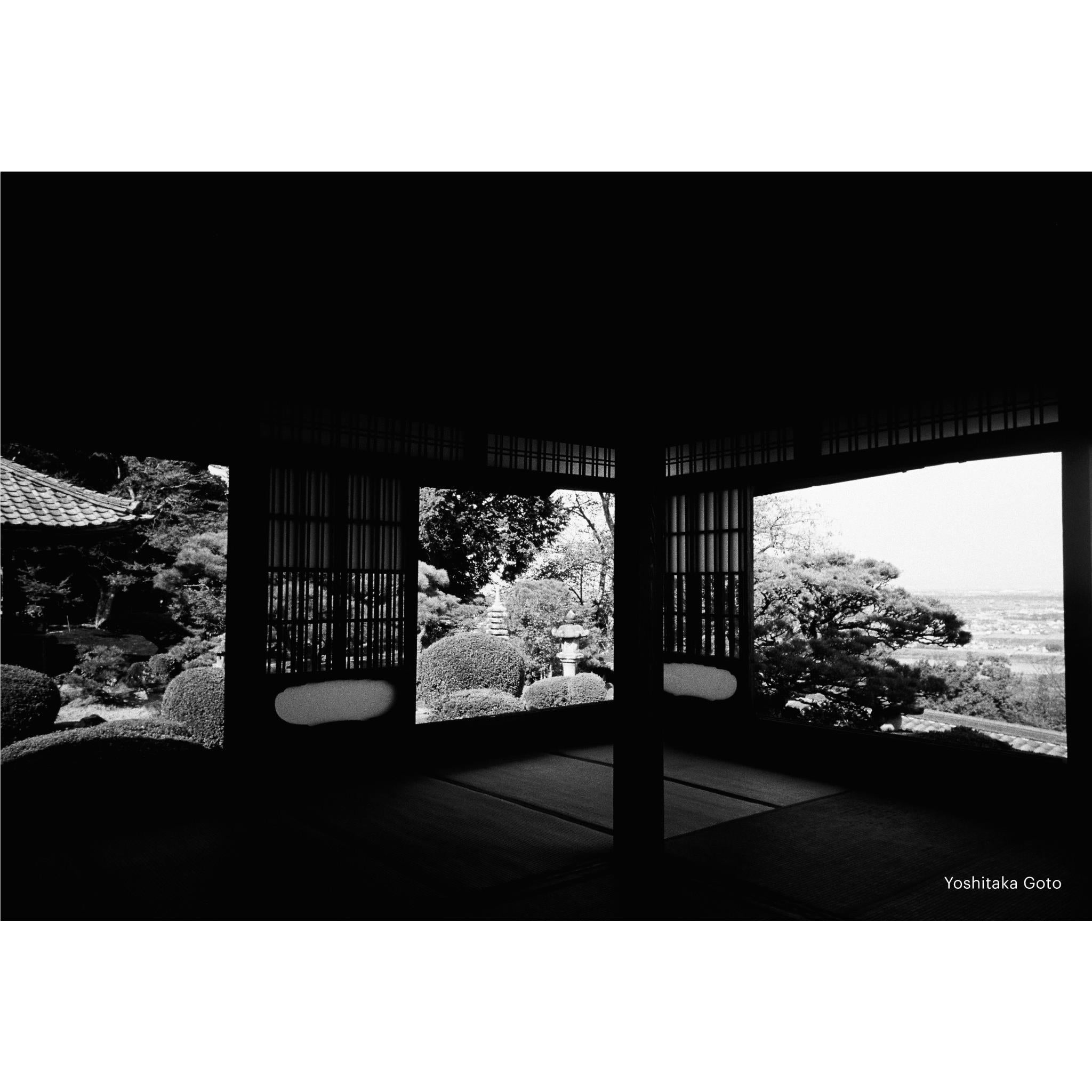 35mm film camera usage scene: black-and-white garden view through wooden structure