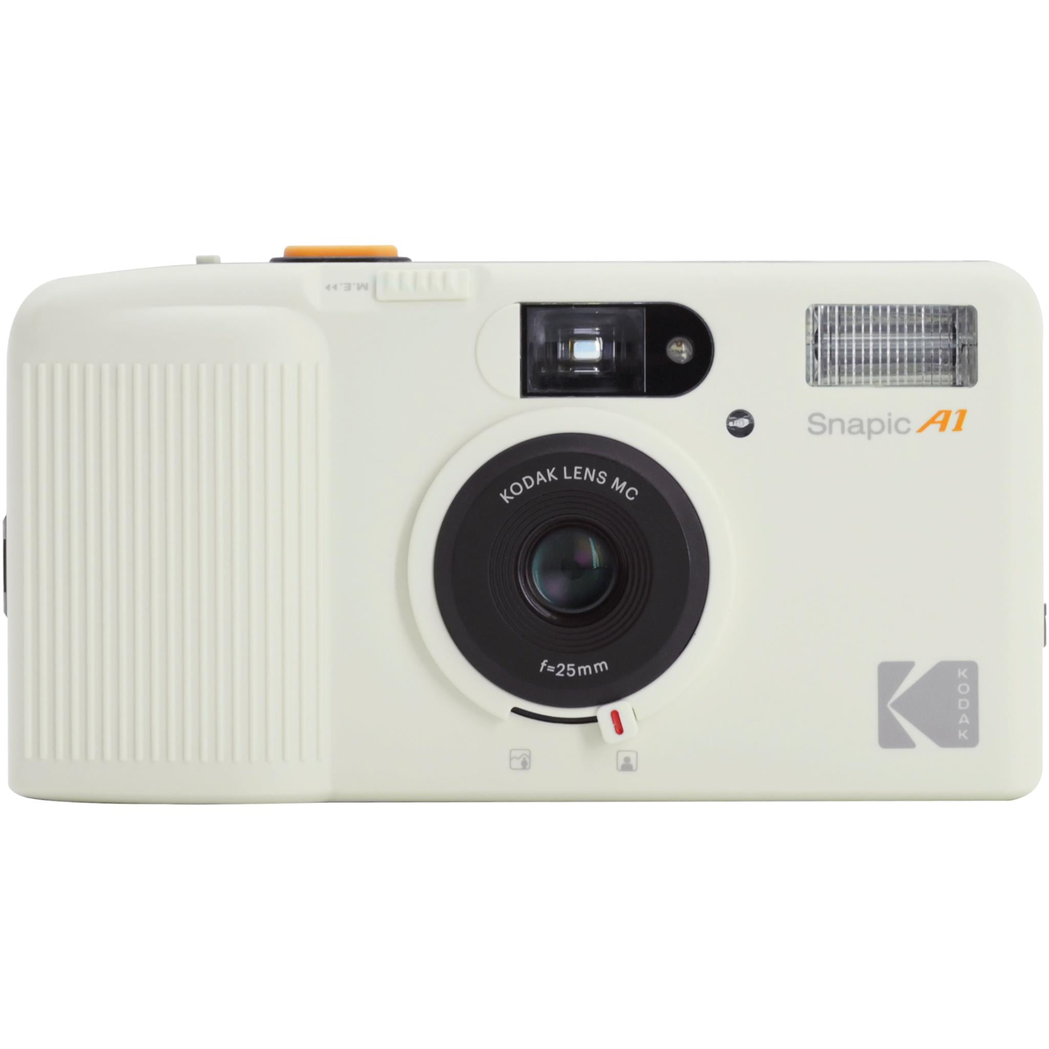 Ivory 35mm film camera with flash, Snapic AI, and Kodak lens front view
