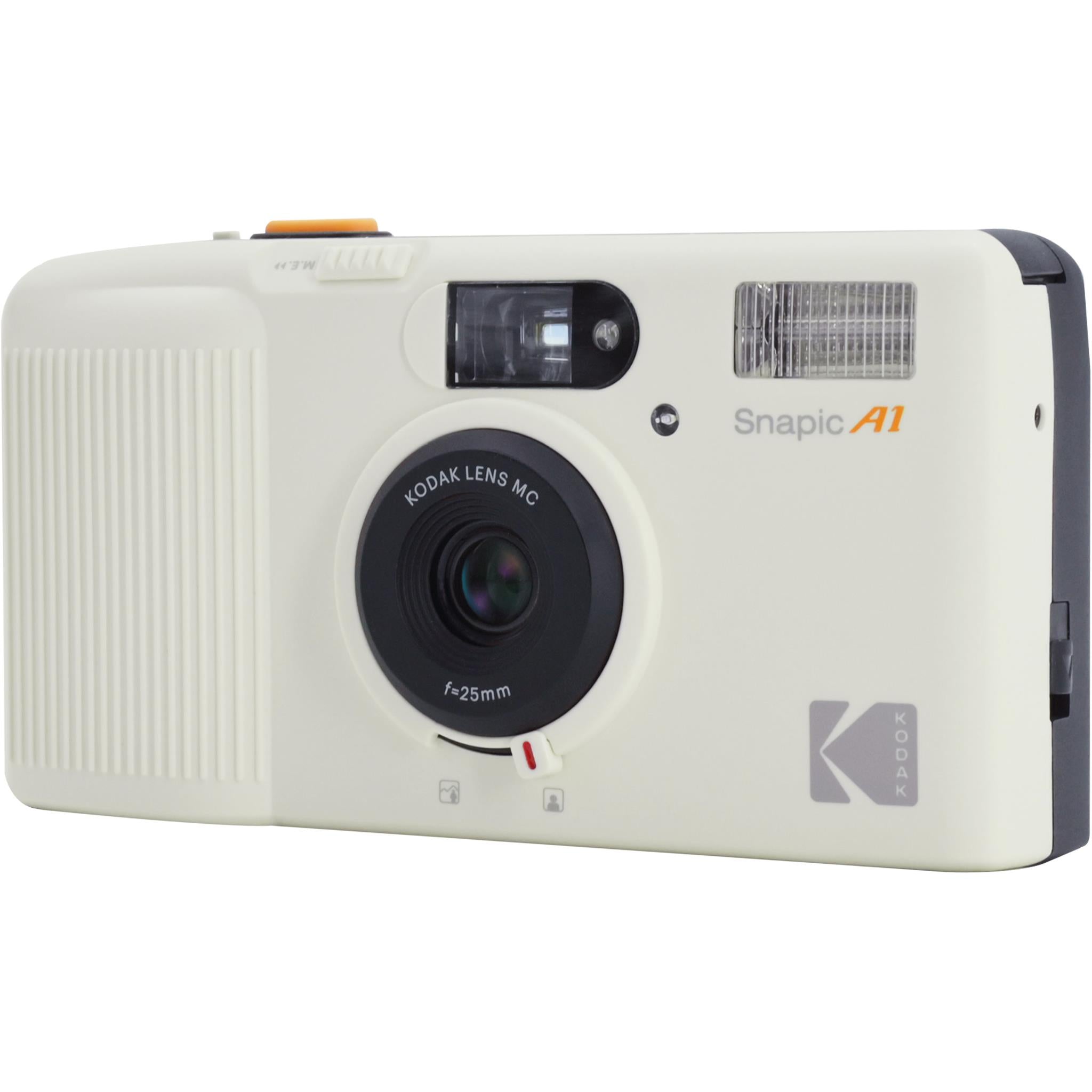 Ivory 35mm film camera with flash window and Kodak lens, side front angle