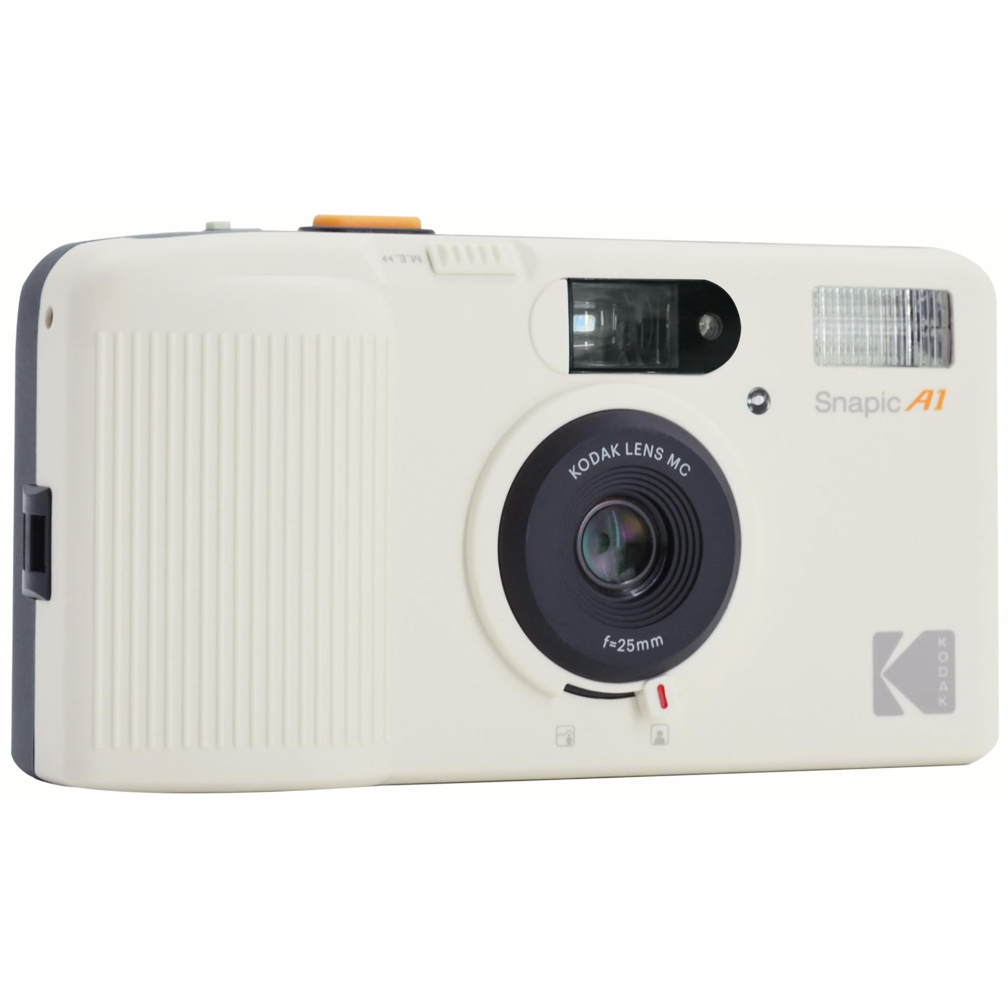 Ivory Snapic AI 35mm film camera with front lens and flash, three-quarter view