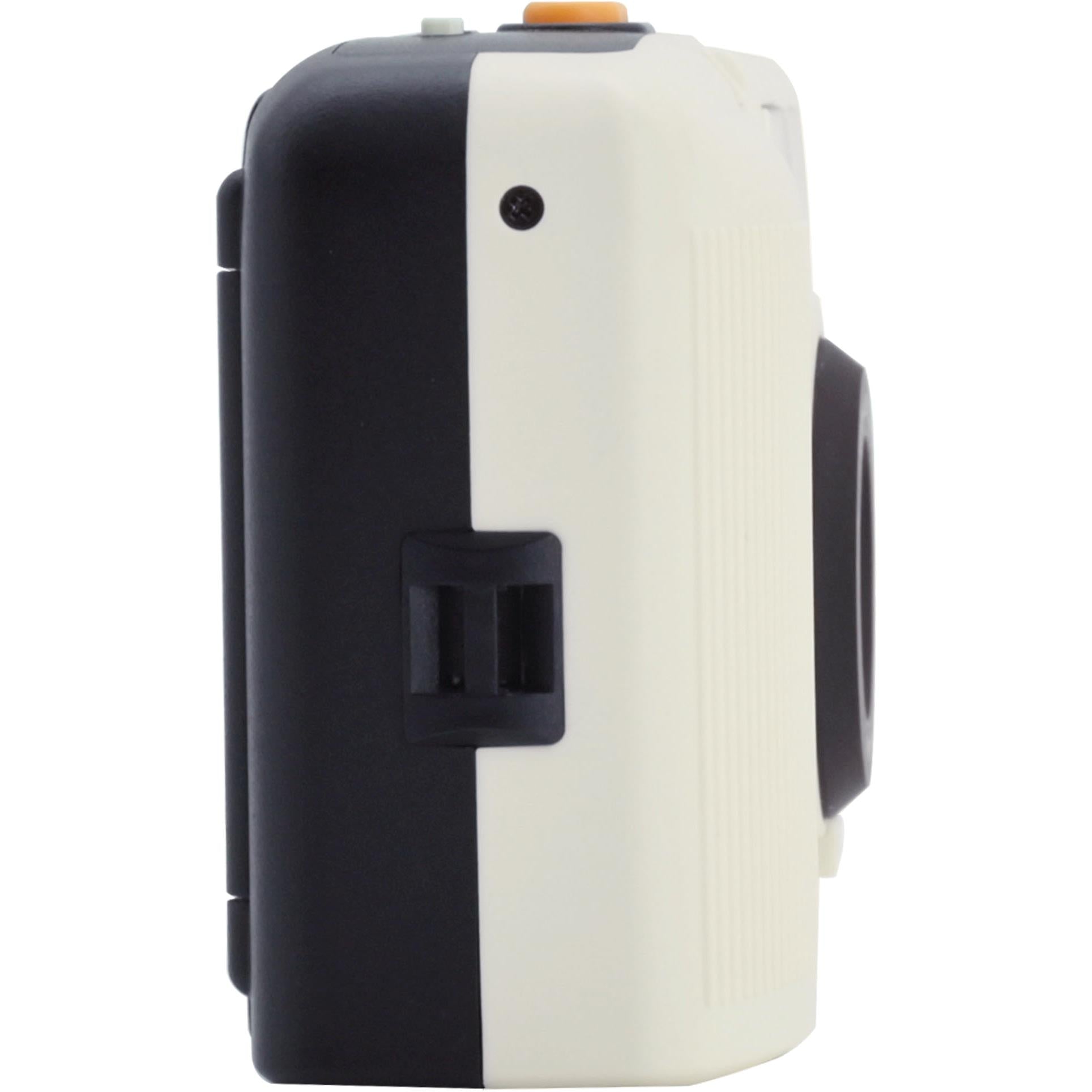 Ivory and black 35mm film camera with flash, rear/side view