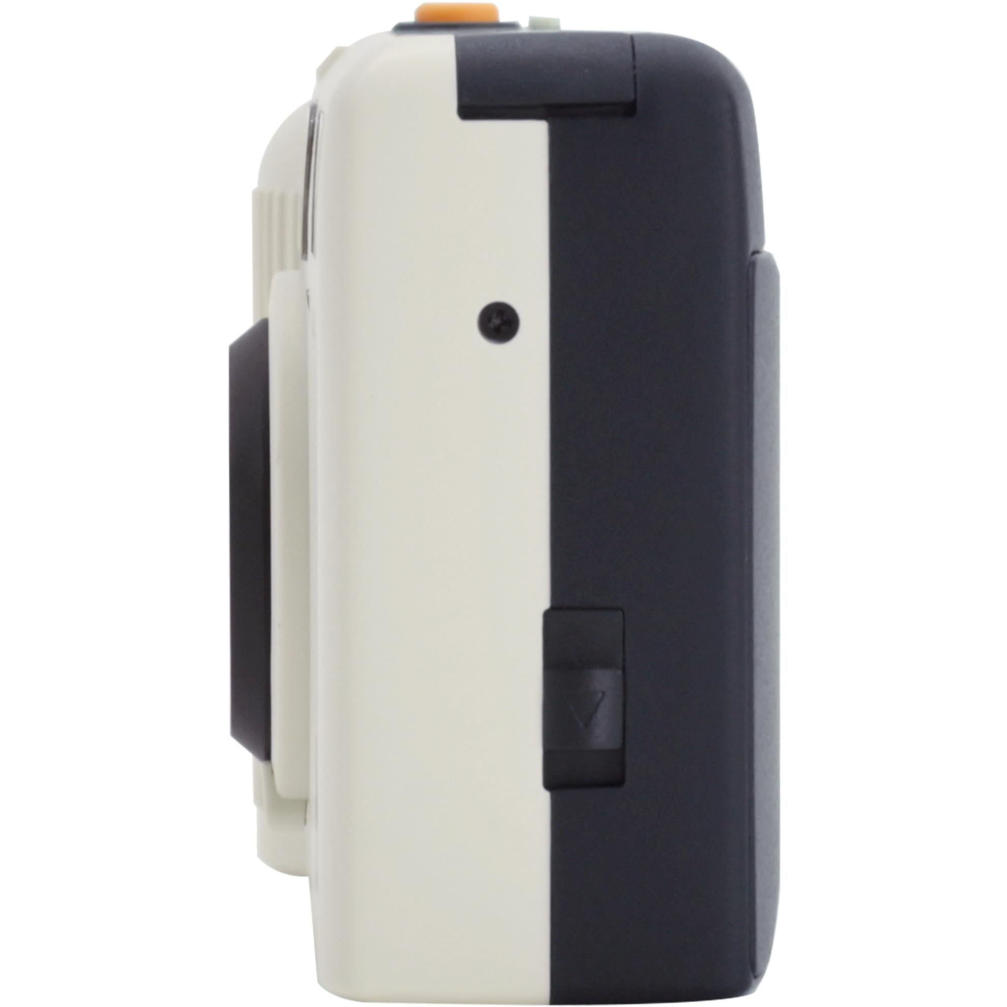 Ivory and black 35mm film camera body with side controls, angled view