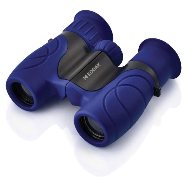 Kids roof prism binoculars, blue with black center hinge and textured focus wheels