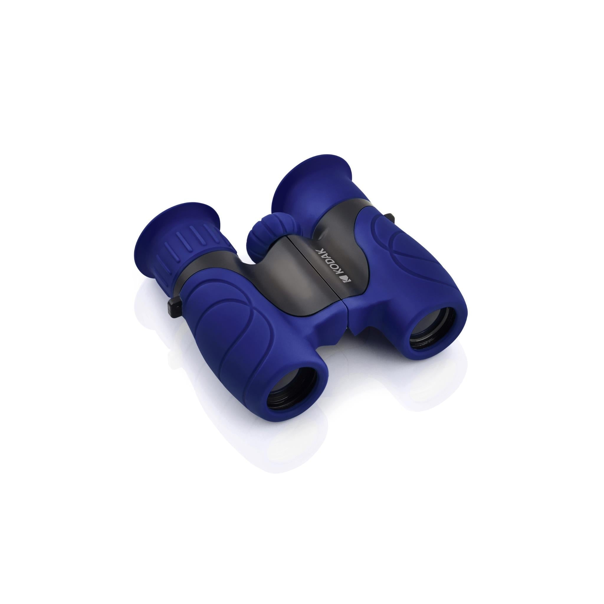 Kids binoculars, blue eyepieces and central bridge with textured grip caps
