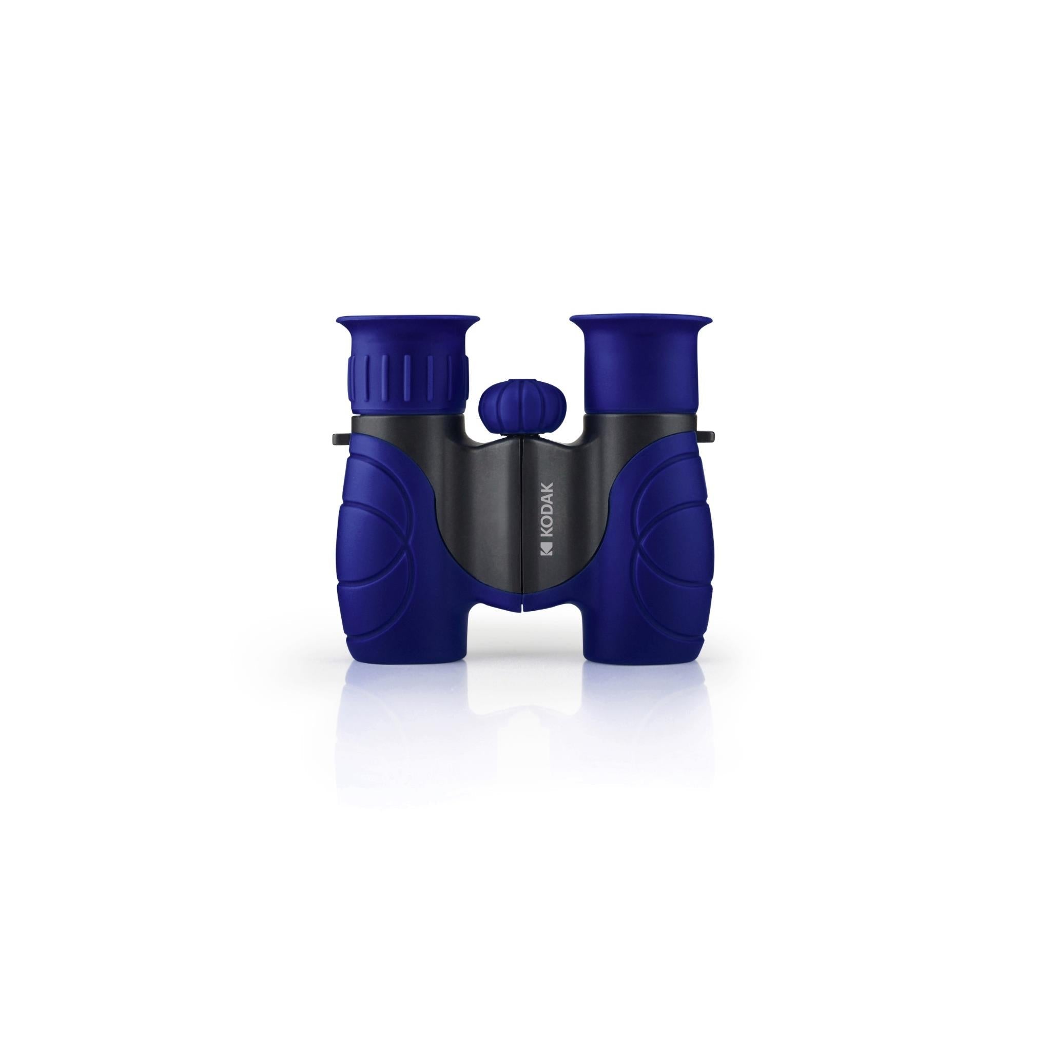 Kids roof prism binoculars, blue body with gray center bridge and strap attachment