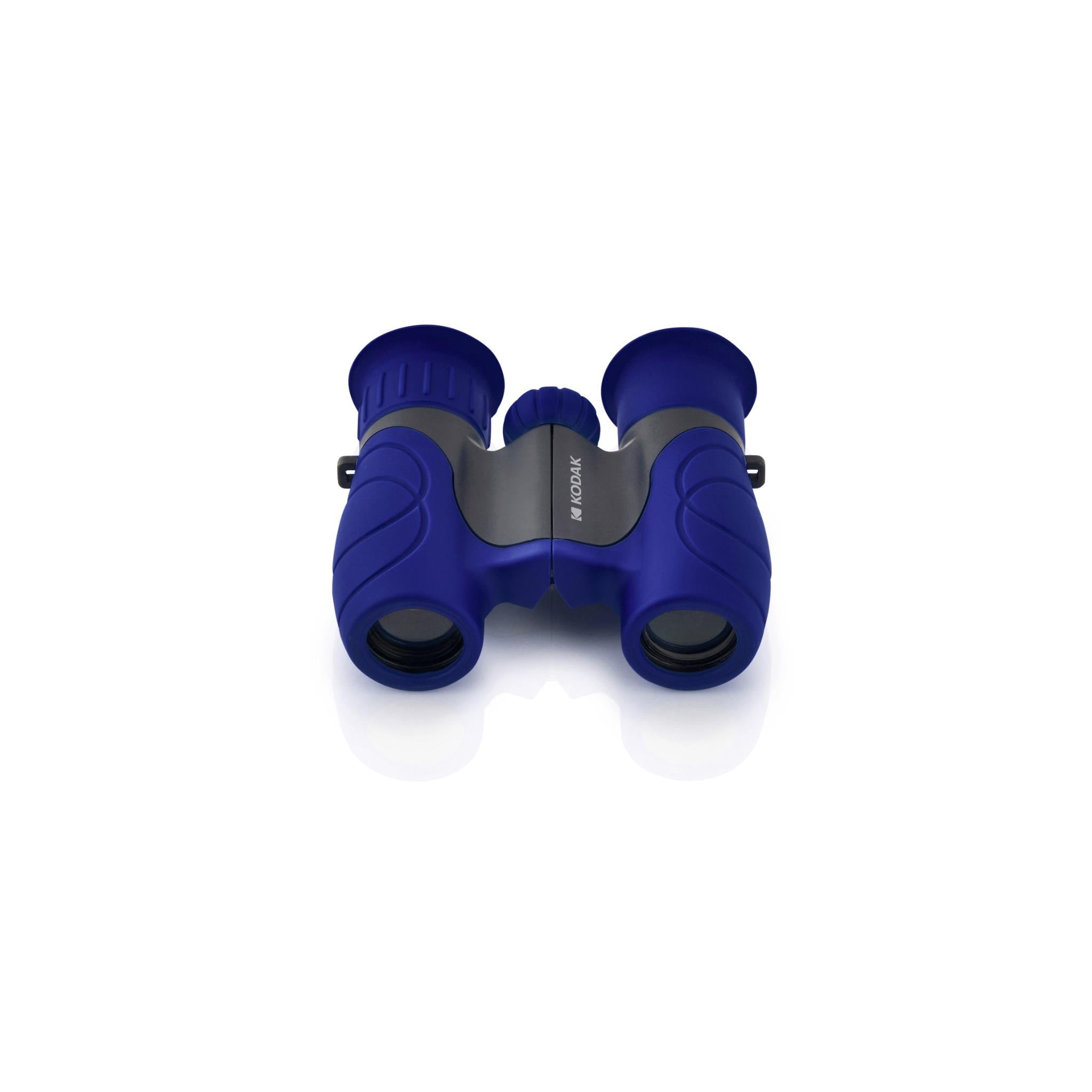 Blue kids binoculars with rubberized grips and black eyepiece lenses