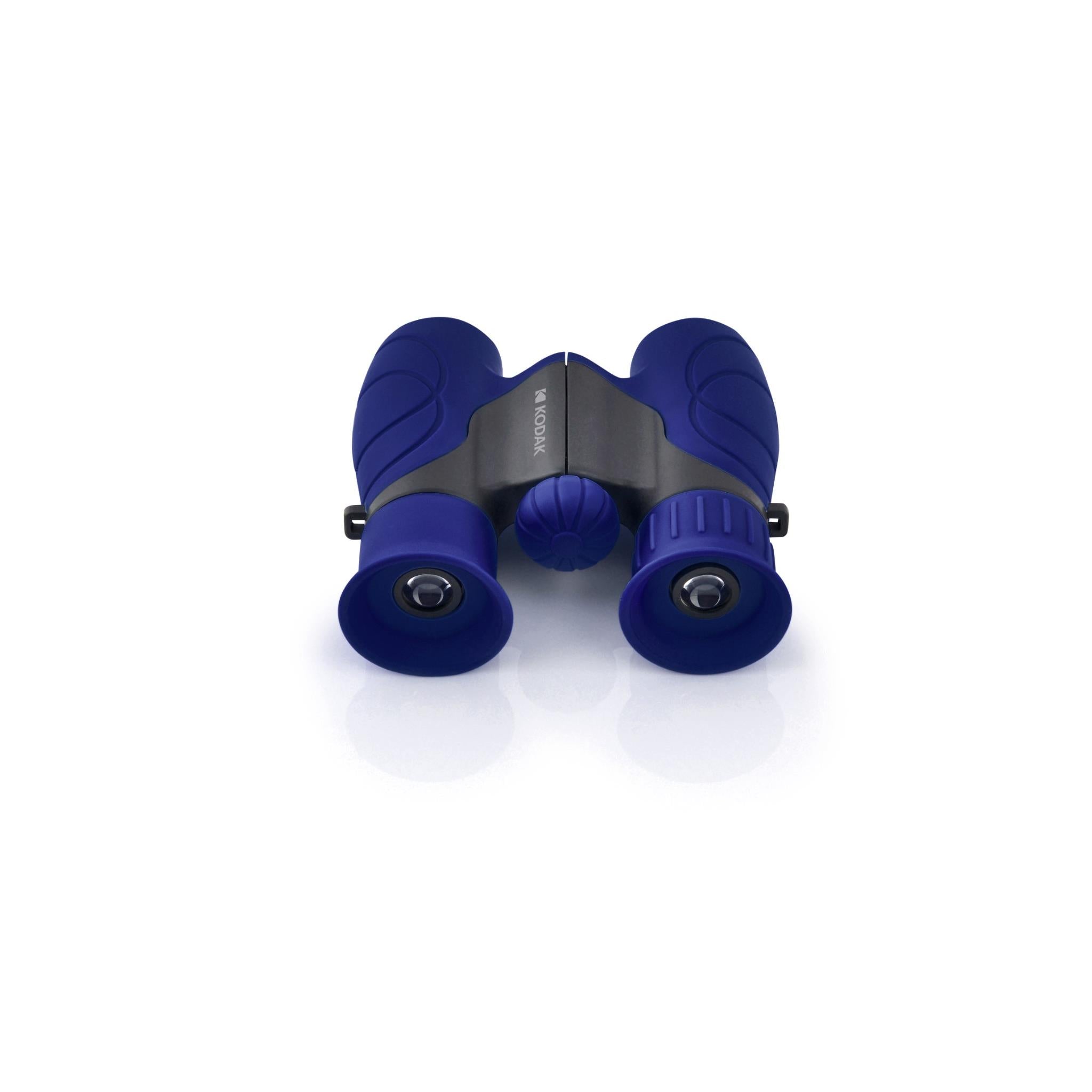 Kids binoculars front view with blue rubber eyecups and gray focus bridge