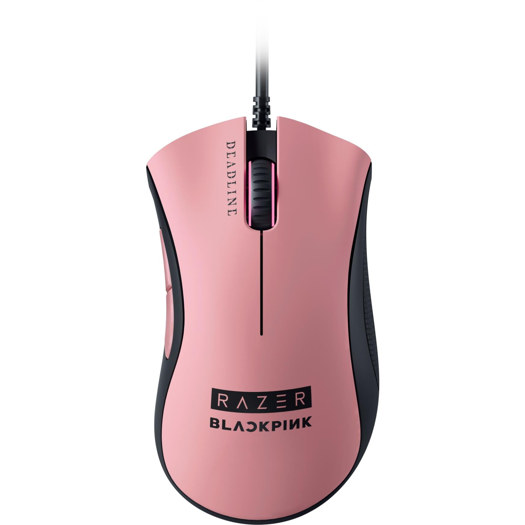 Ergonomic wired gaming mouse, pink-and-black with Razer Blackpink logo