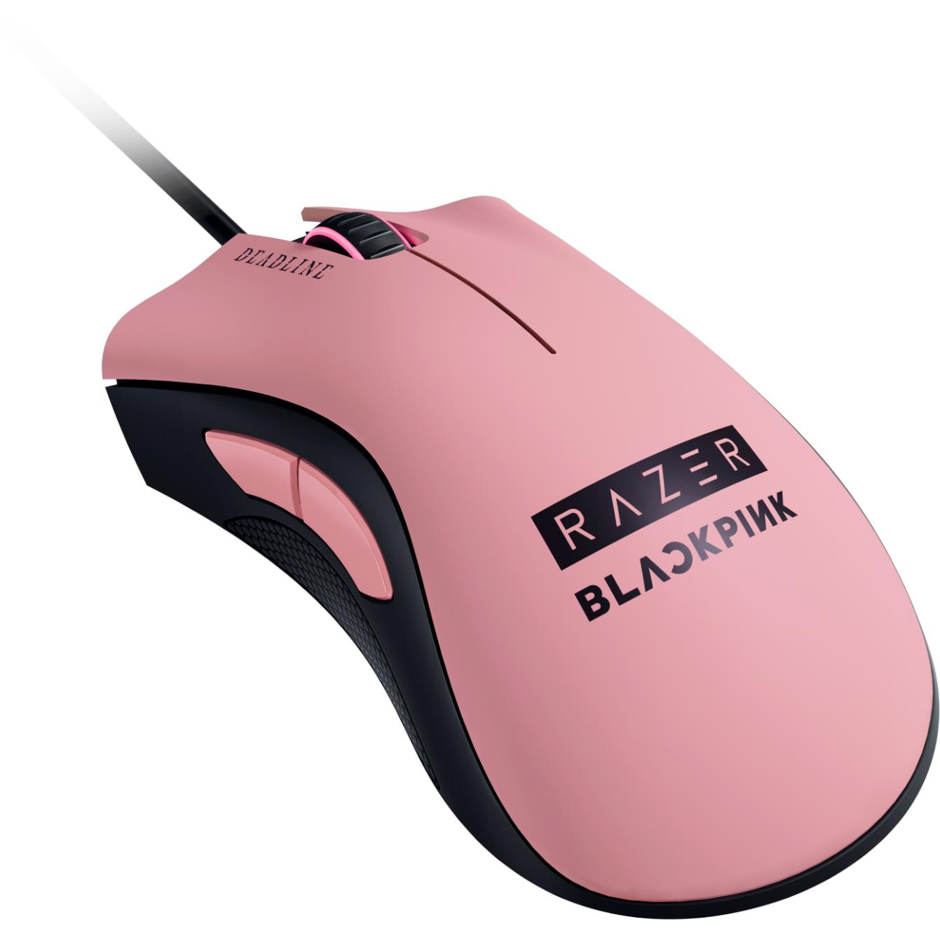 Right-side view gaming mouse, pink body with black grip and Razer Blackpink branding