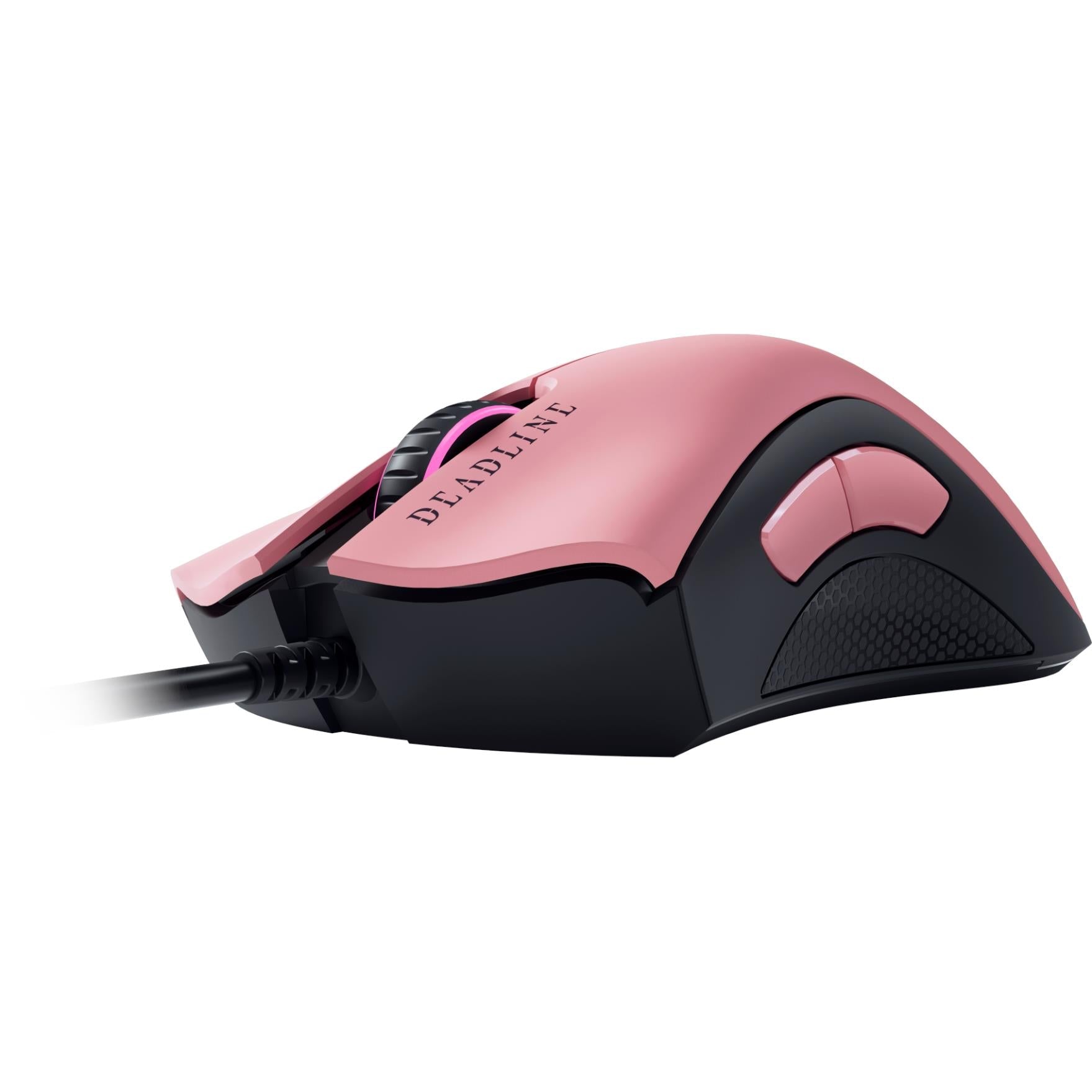 Wired gaming mouse, pink top with sculpted black sides and side button
