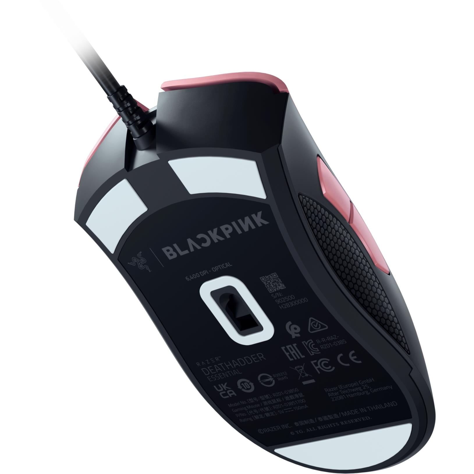Bottom view of wired gaming mouse, black underside with pink accents and labels