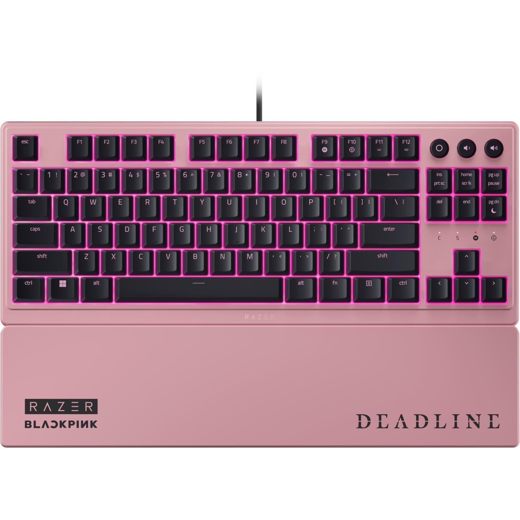 Razer Ornata V3 tenkeyless gaming keyboard in pink with black keys and magenta backlight