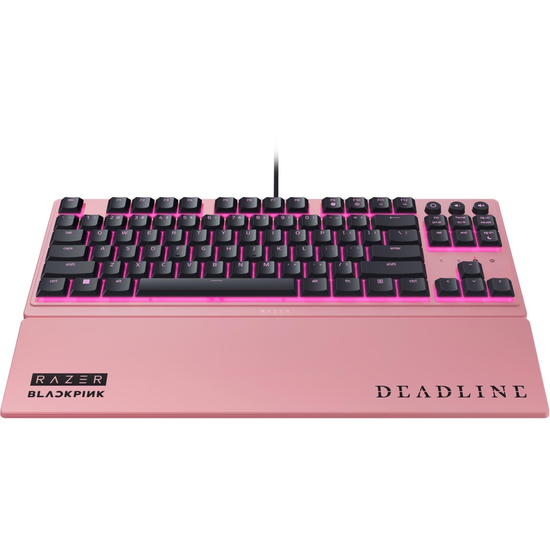 Pink tenkeyless gaming keyboard with black keys, magenta backlight, and power cable