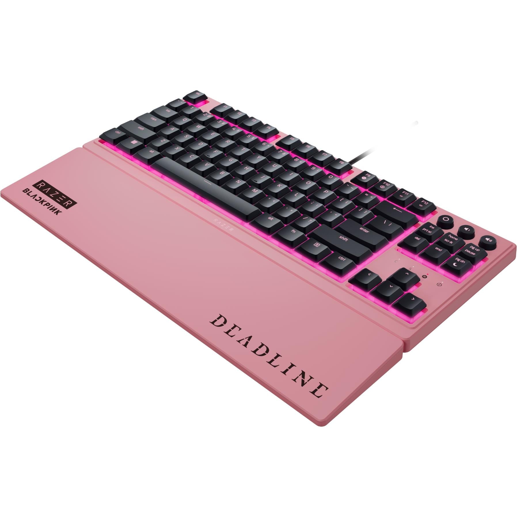 Pink gaming keyboard with black keys and magenta accent lighting, angled view
