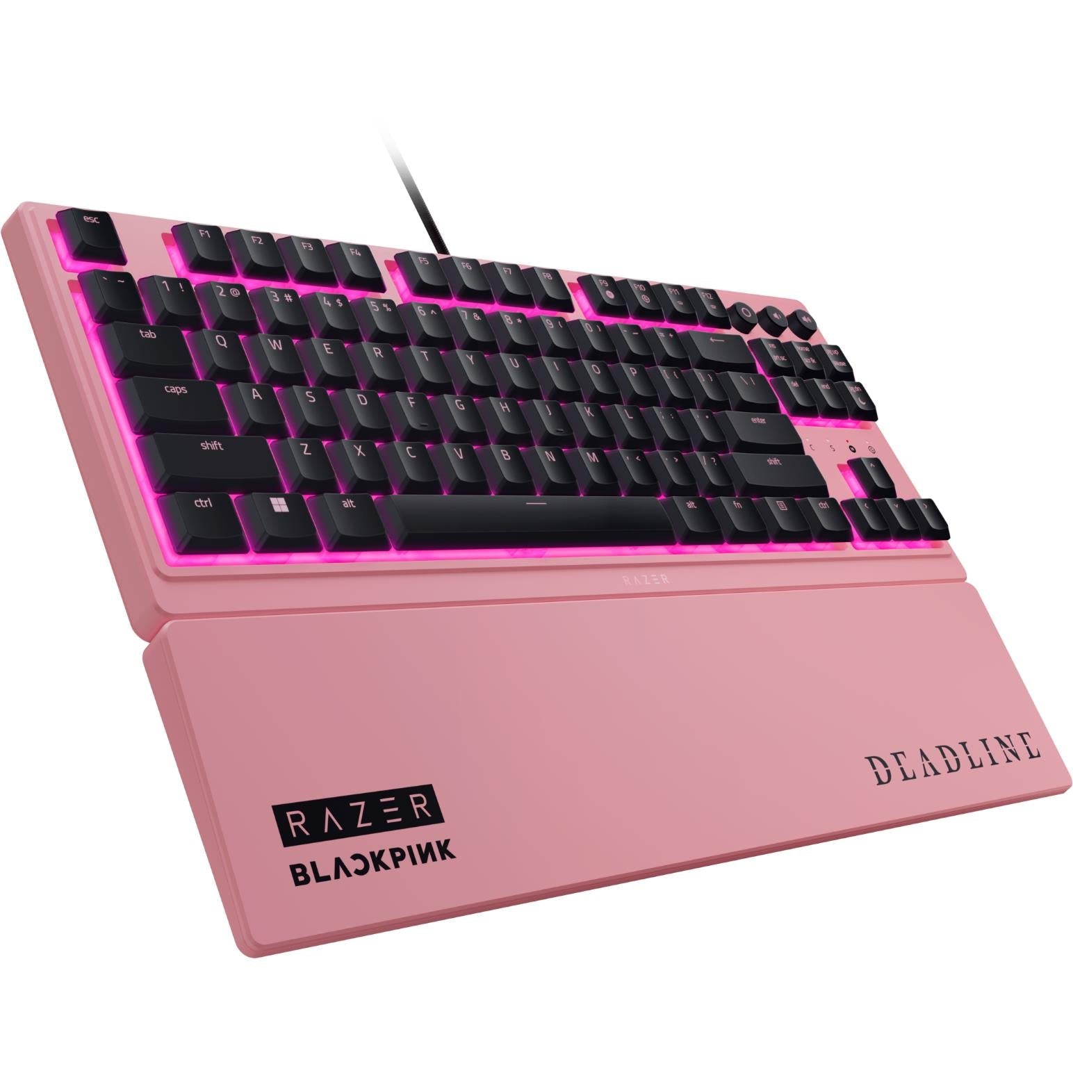 Pink tenkeyless gaming keyboard with black keys, magenta backlight, and Razer Blackpink logo