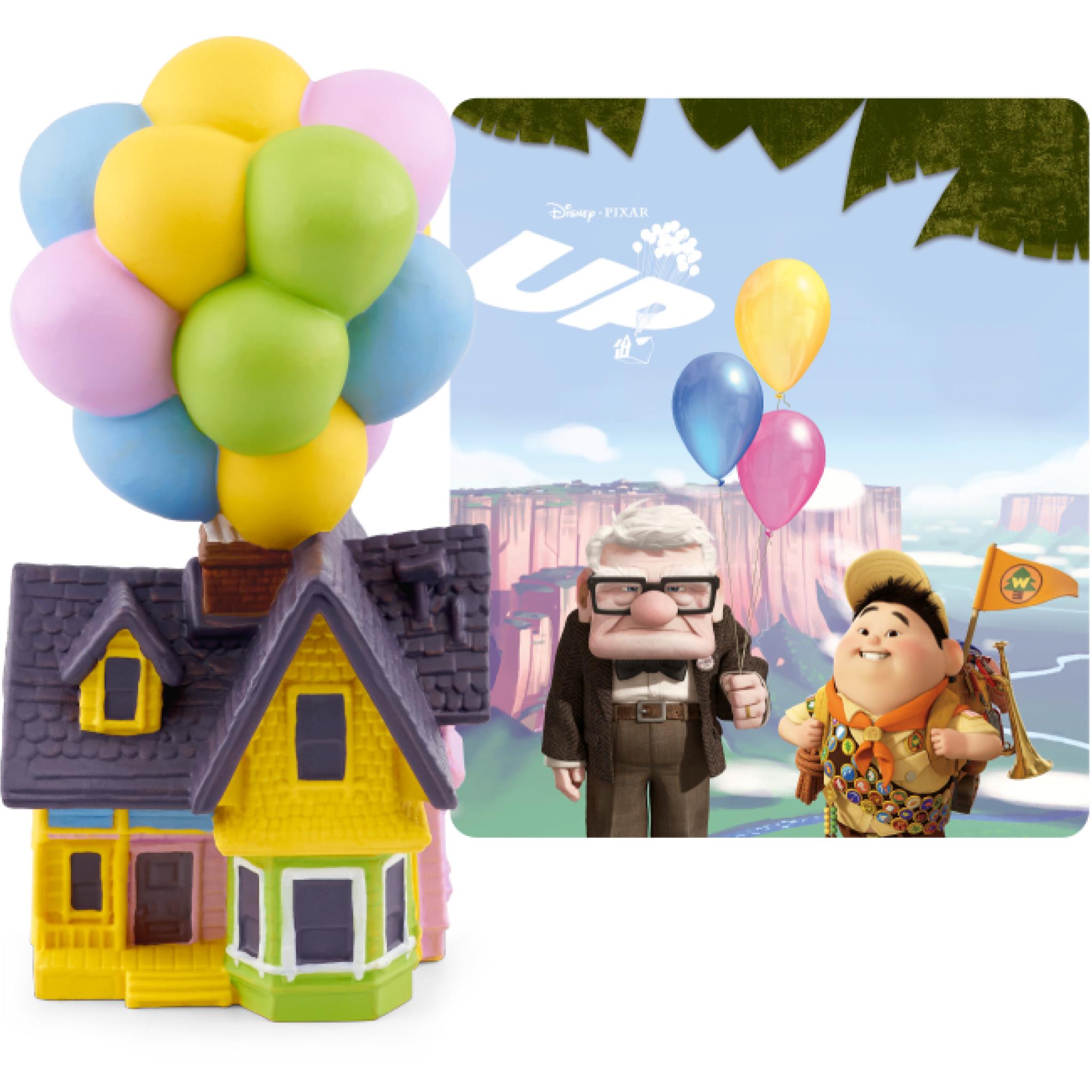 Up-themed Tonie figure with balloon cluster atop a miniature house with windows