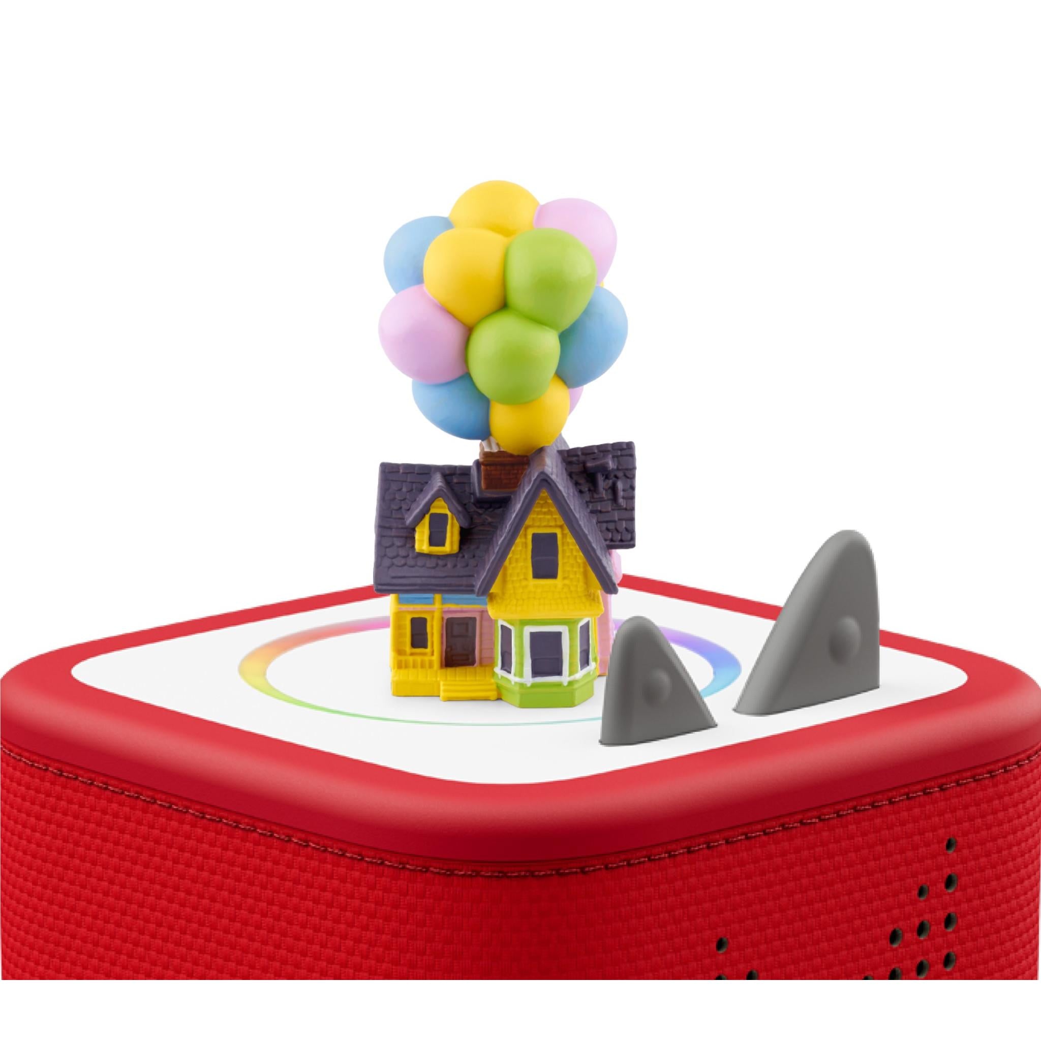Up-themed Tonie on red base with balloon cluster, house, and gray hills