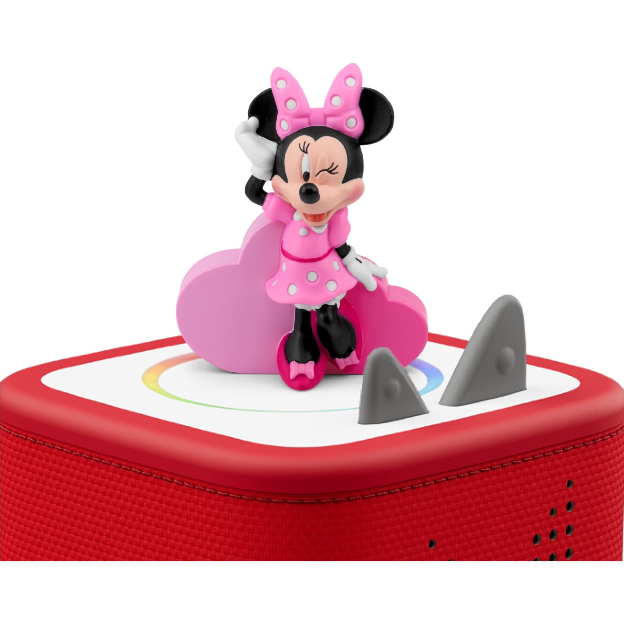 Minnie Mouse audio Tonie figure standing on a red Toniebox speaker top