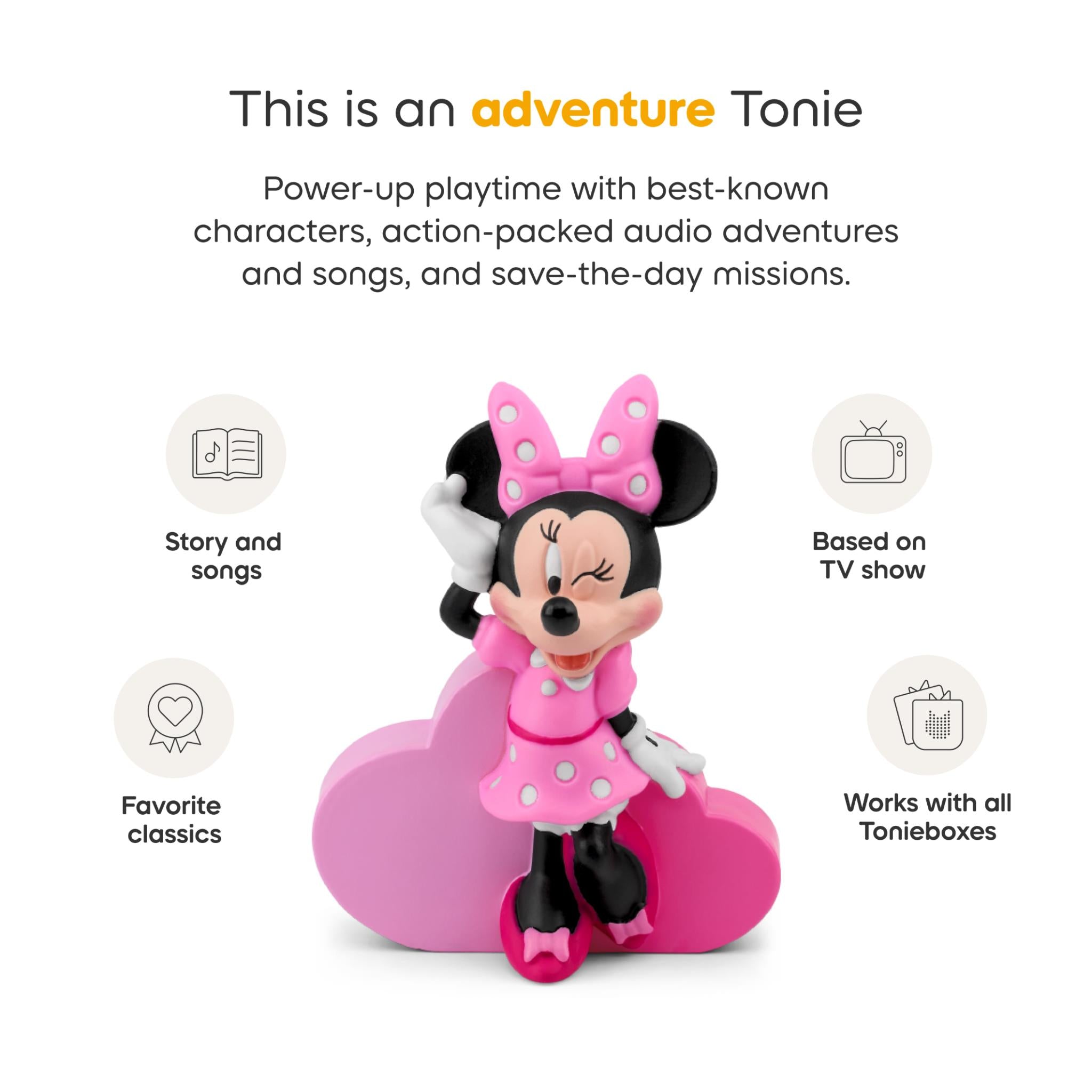 Minnie Mouse audio Tonie figure with feature icons on a white card
