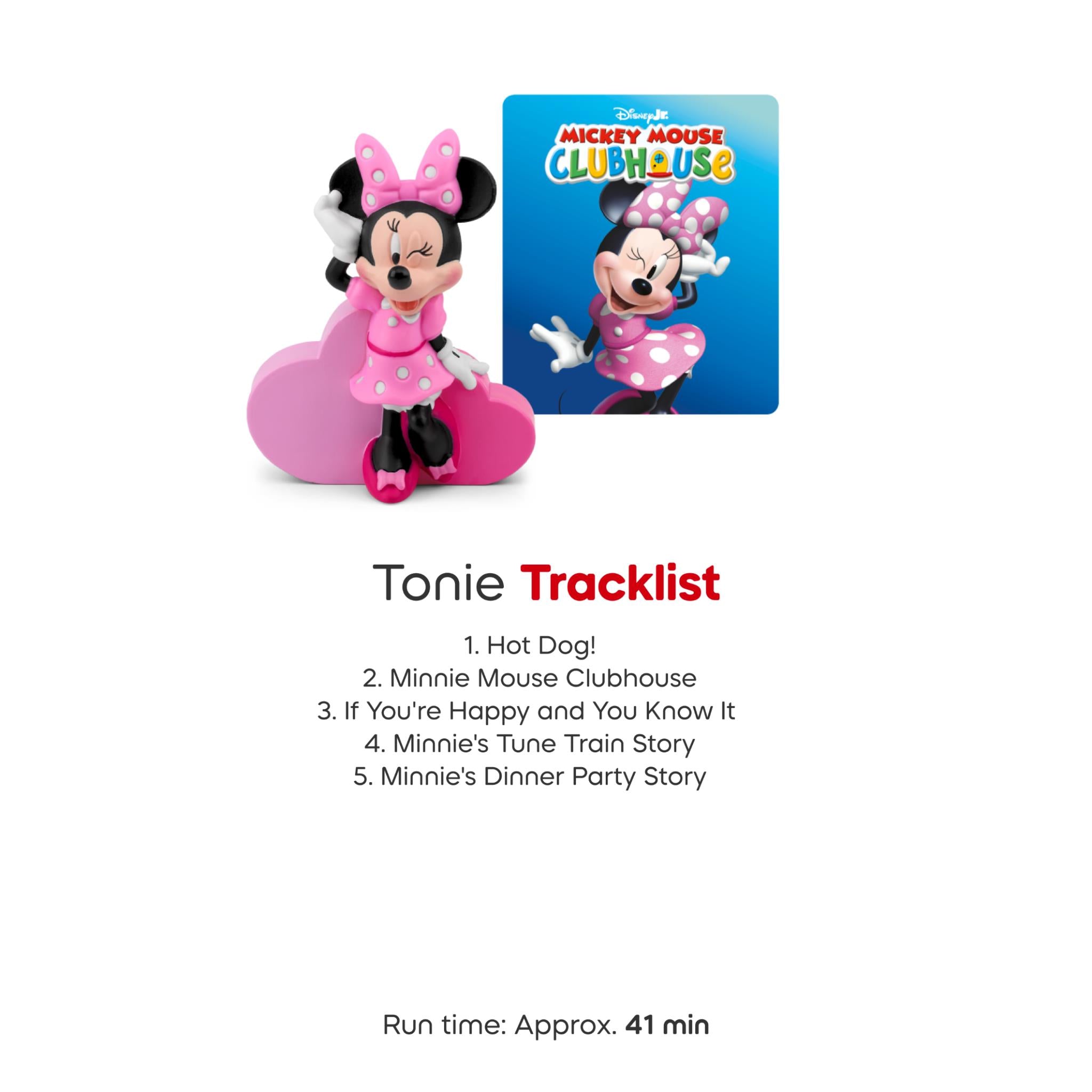 Minnie Mouse audio Tonie figure with a blue show cover card and list text