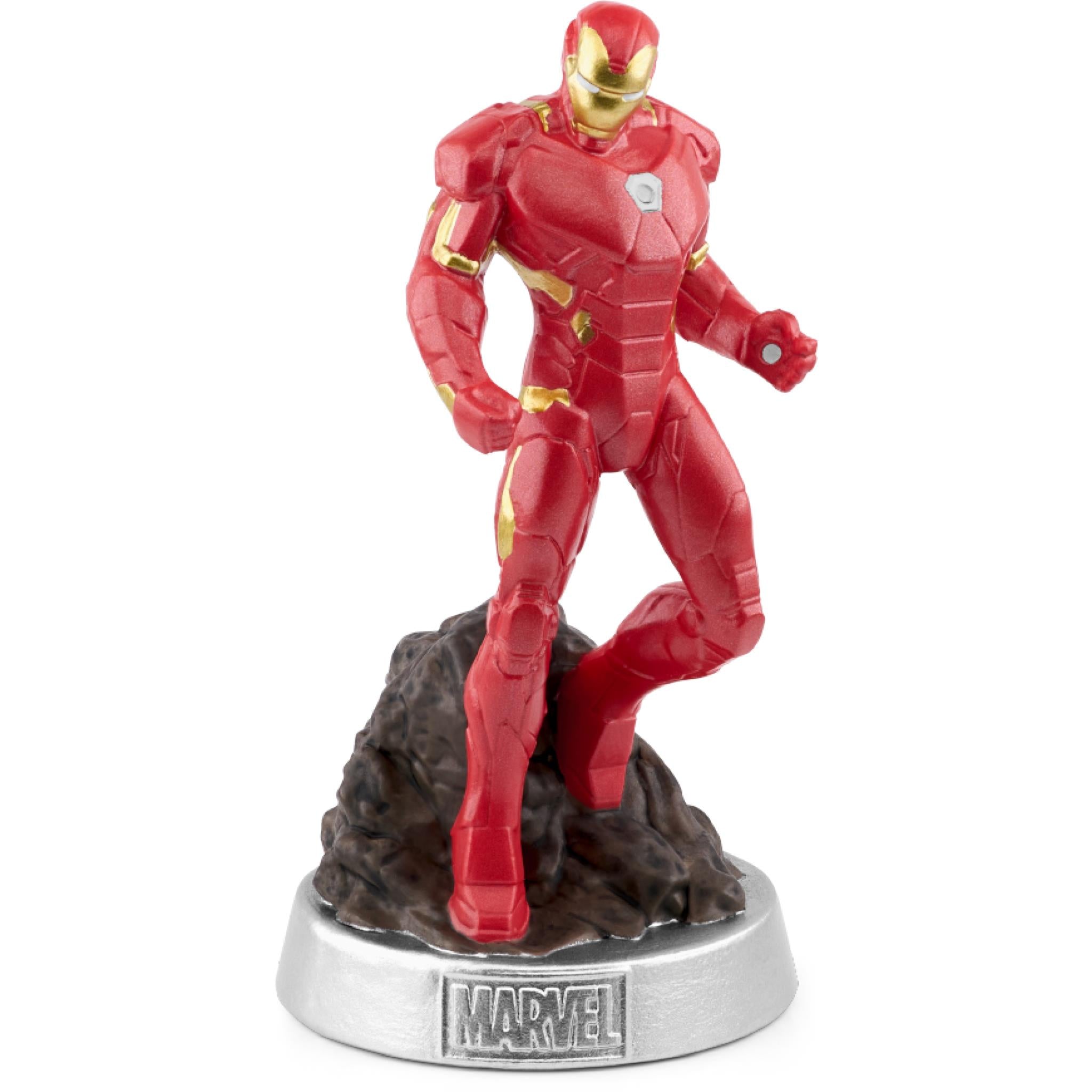 Red armored Iron Man character figure on black rocky base with Marvel nameplate